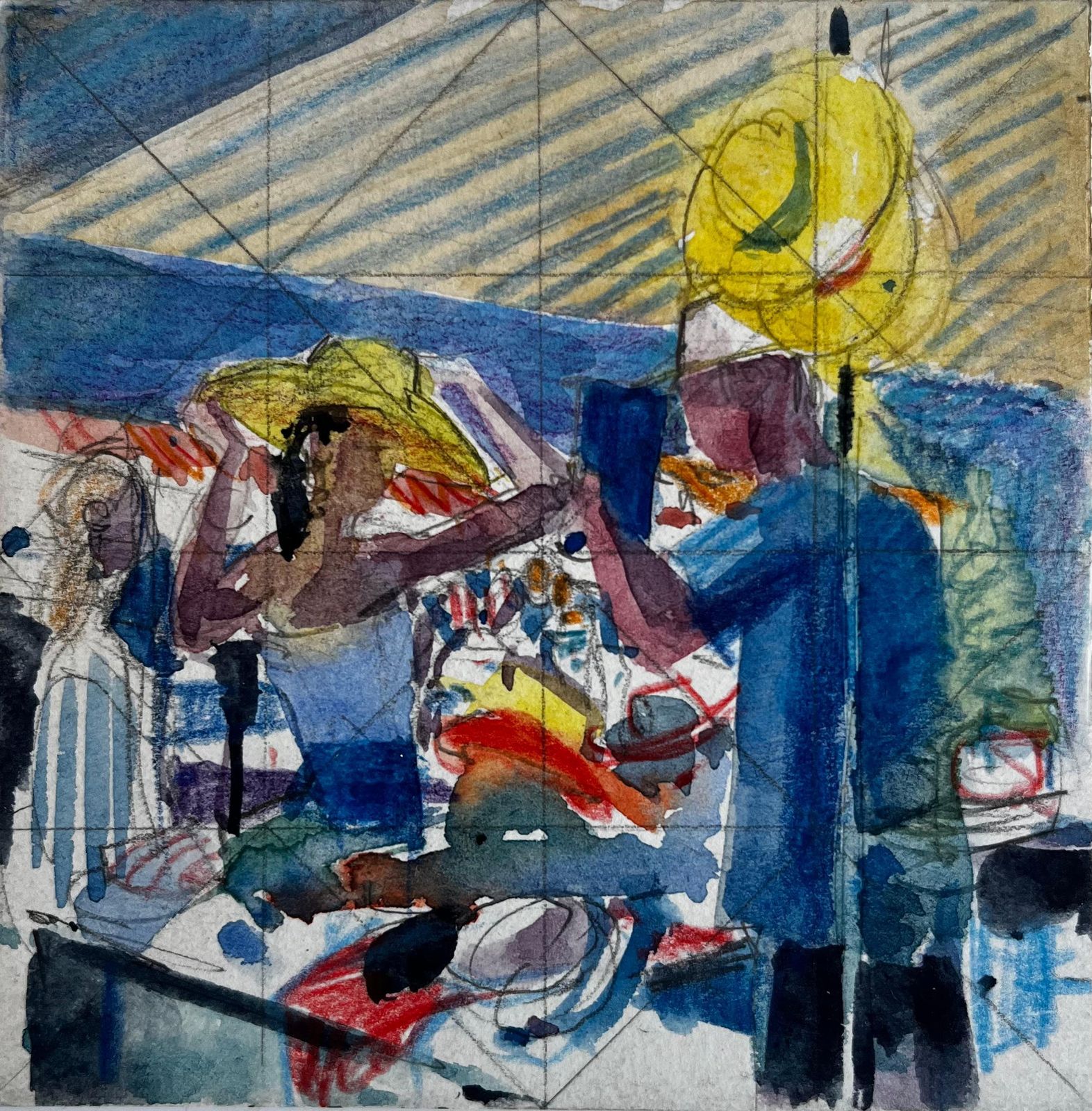 Pierre Neveuabstract Figurative Scene With Figures In Hats French Modern Watercolor Gouache