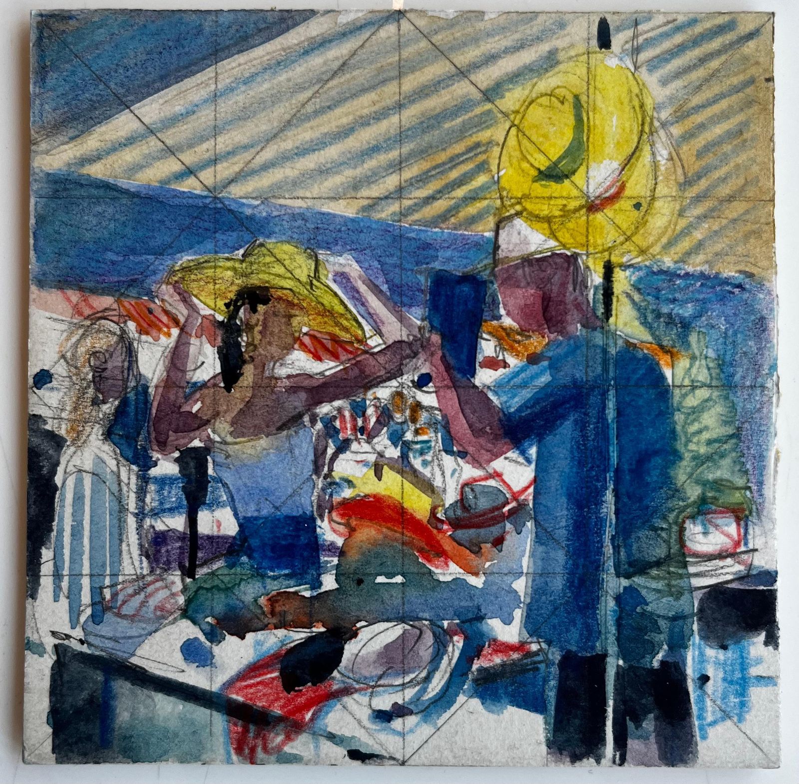 Pierre Neveuabstract Figurative Scene With Figures In Hats French Modern Watercolor Gouache photo furniture
