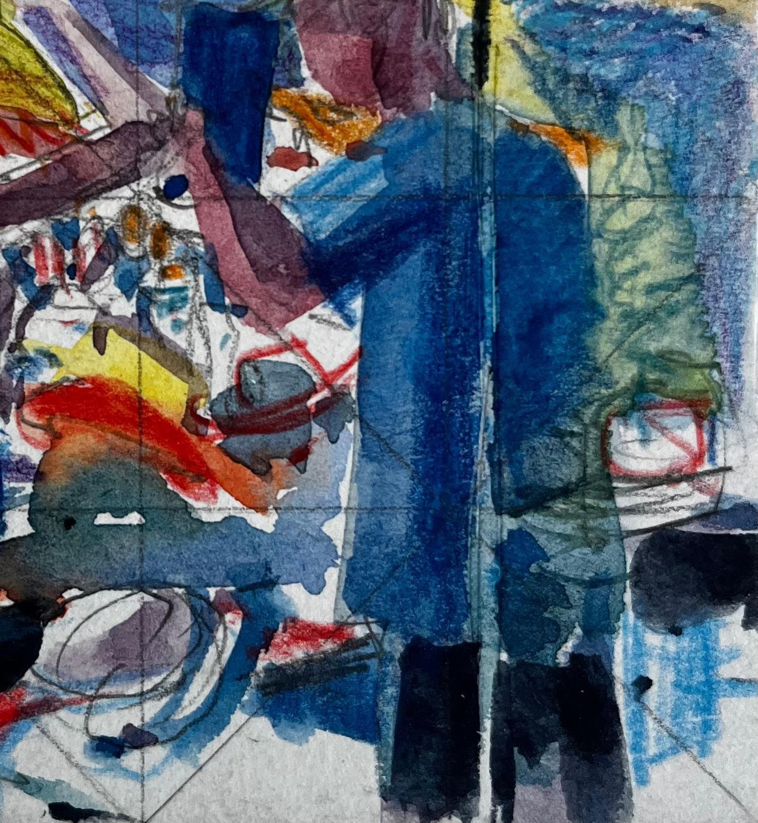 Pierre Neveuabstract Figurative Scene With Figures In Hats French Modern Watercolor Gouache photo 489.0