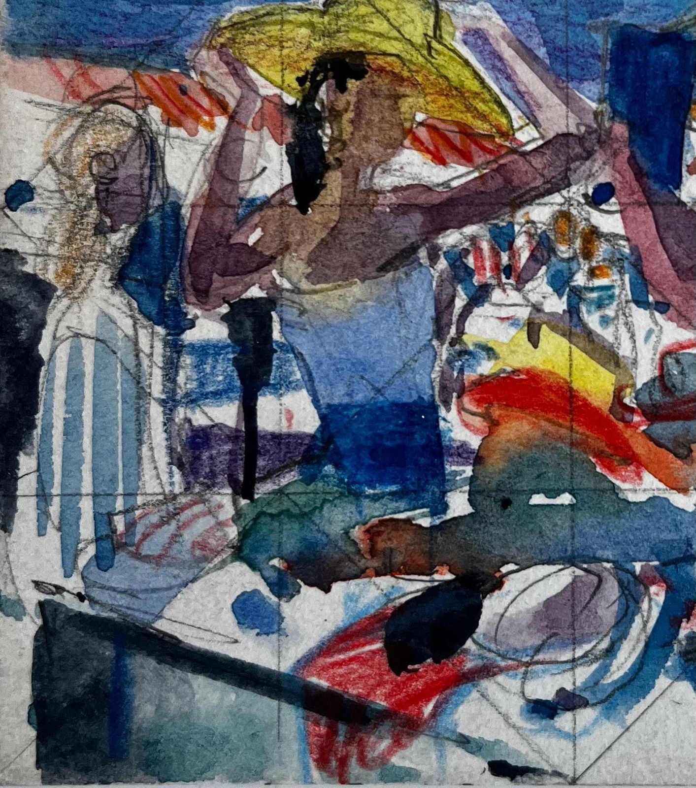 Pierre Neveuabstract Figurative Scene With Figures In Hats French Modern Watercolor Gouache photo vinterior
