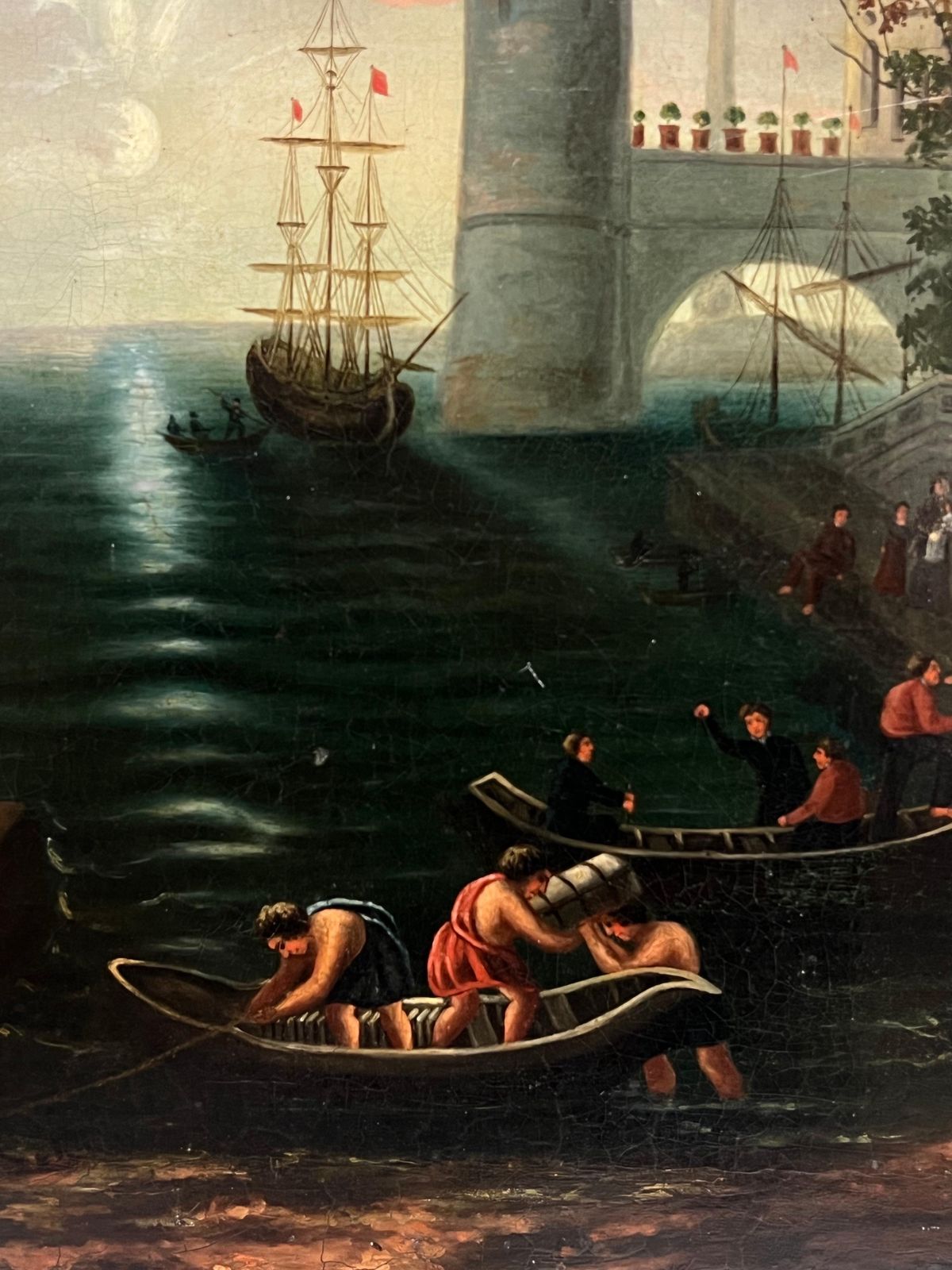 Fine Antique Classical Roman Landscape Figures Boats Merchant Port Ancient City1953 photo Art