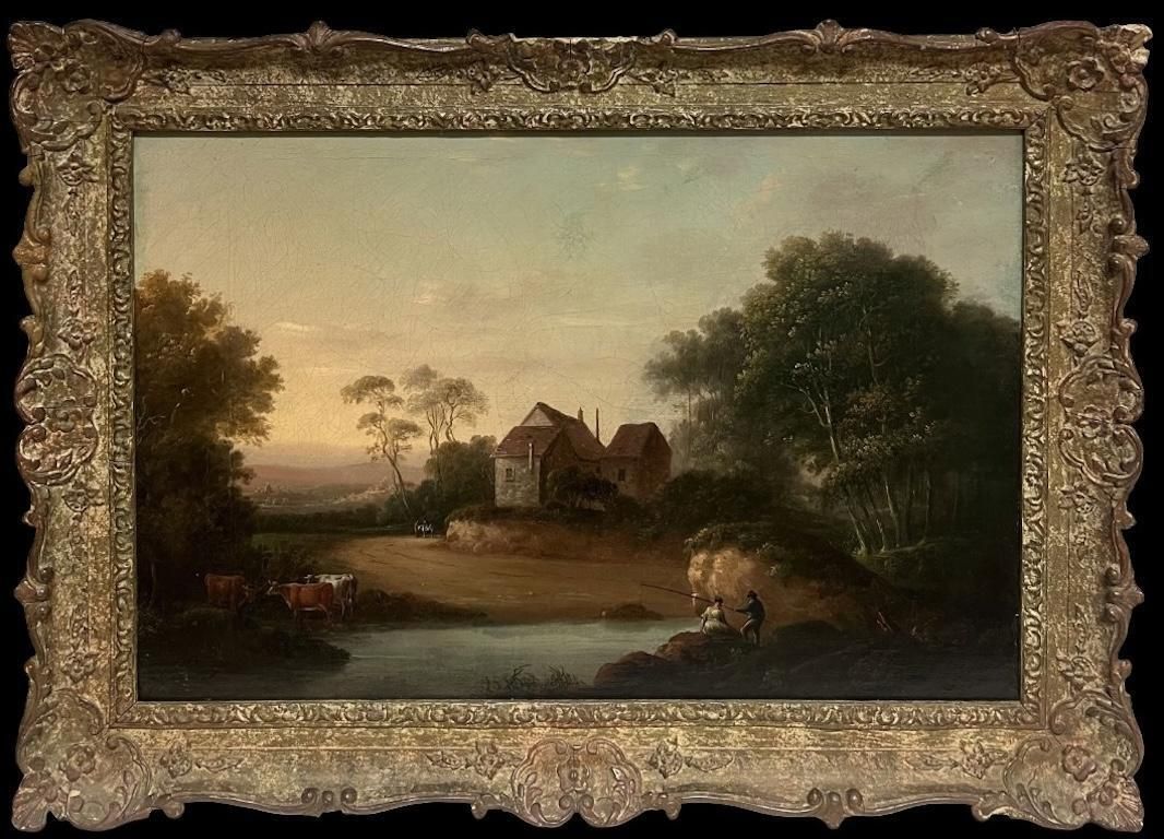 English School 19th Centuryfine Early 1800's English Romantic Sunset Landscape Figures & Cattle Rural View1953