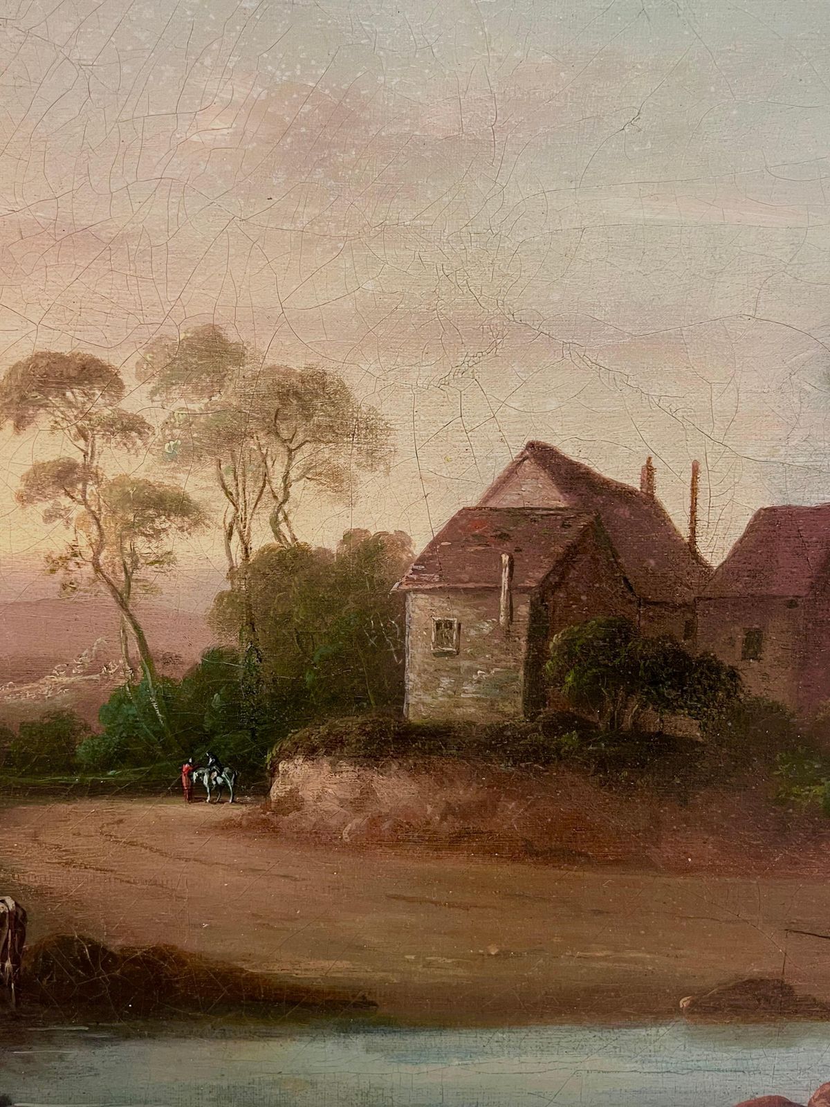 English School 19th Centuryfine Early 1800's English Romantic Sunset Landscape Figures & Cattle Rural View1953 photo Art