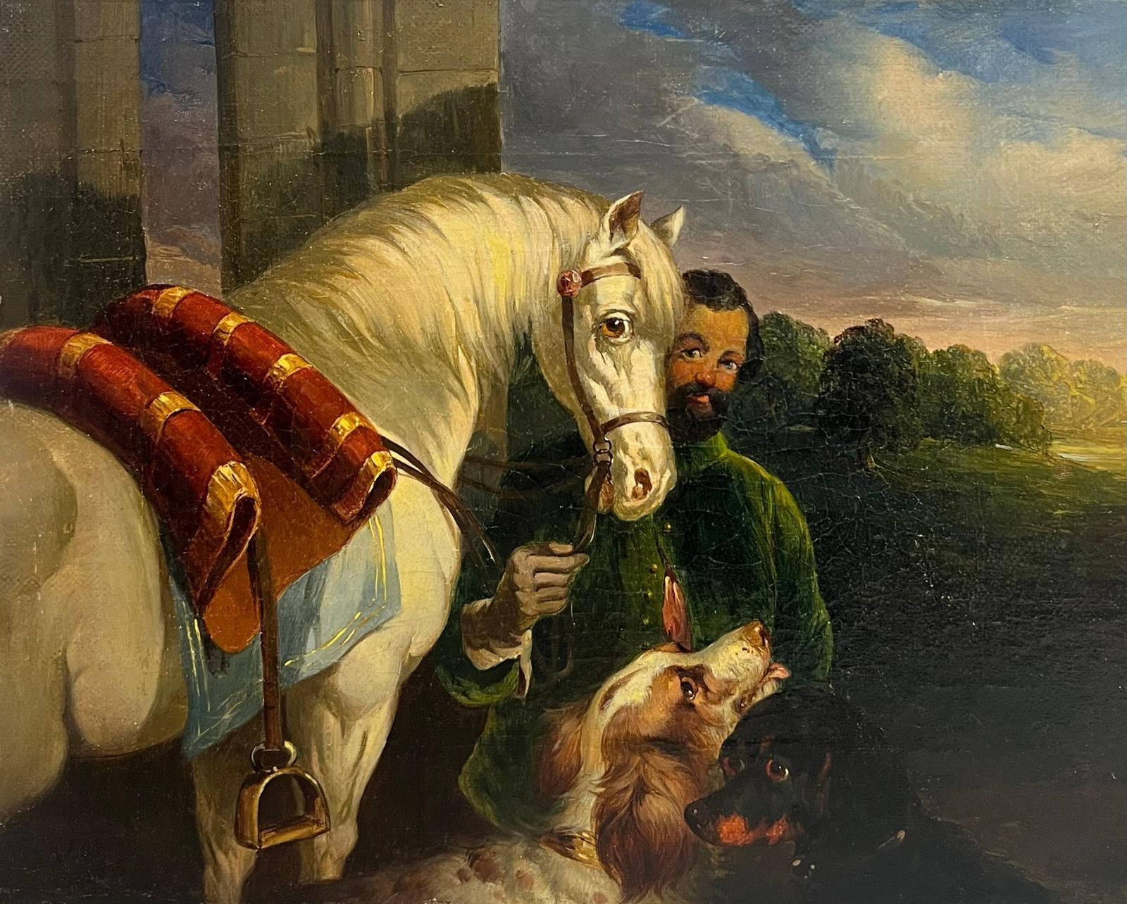 English 19th Centuryfine Quality 19th Century Oil Painting Groom With Horse & Dog1953