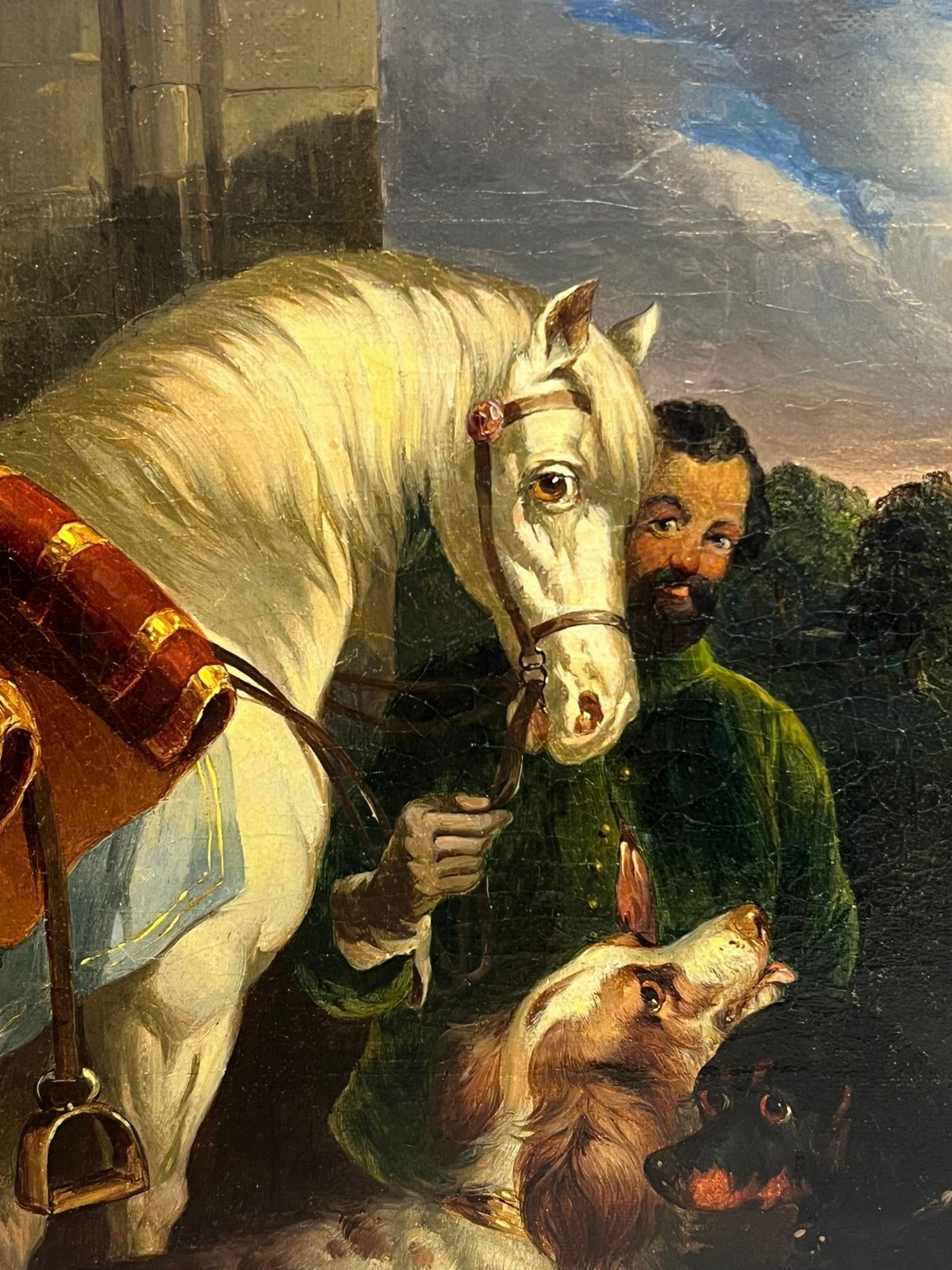 English 19th Centuryfine Quality 19th Century Oil Painting Groom With Horse & Dog1953 photo for sale