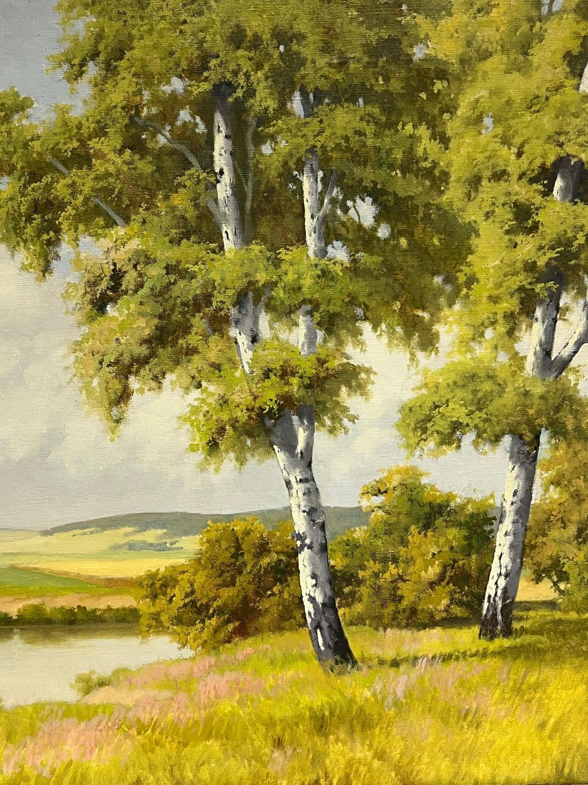 Continental Mid 20th Centurylarge Mid 20th Century European Signed Oil Painting Golden Green Meadows1953 photo for sale