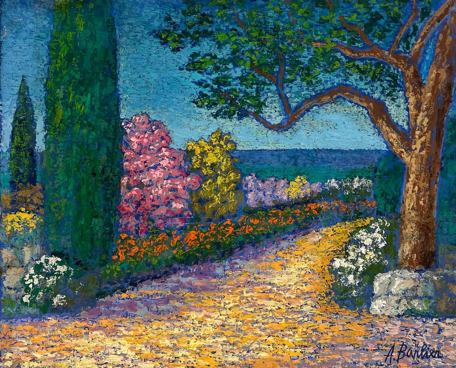 French Post Impressionistfine 1970's French Post Impressionist Signed Oil Flower Garden Cote D' Azur1953