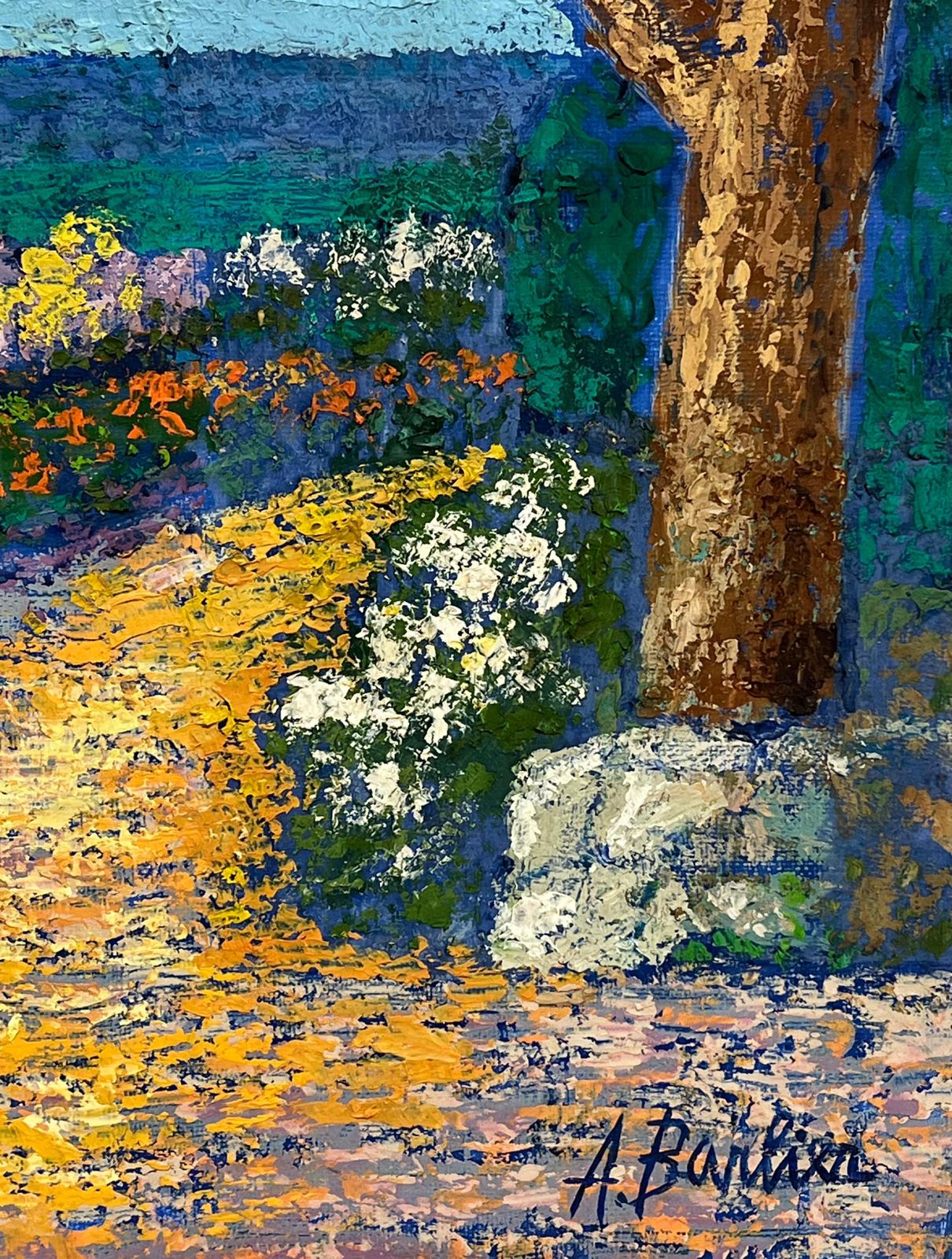 French Post Impressionistfine 1970's French Post Impressionist Signed Oil Flower Garden Cote D' Azur1953 photo vinterior