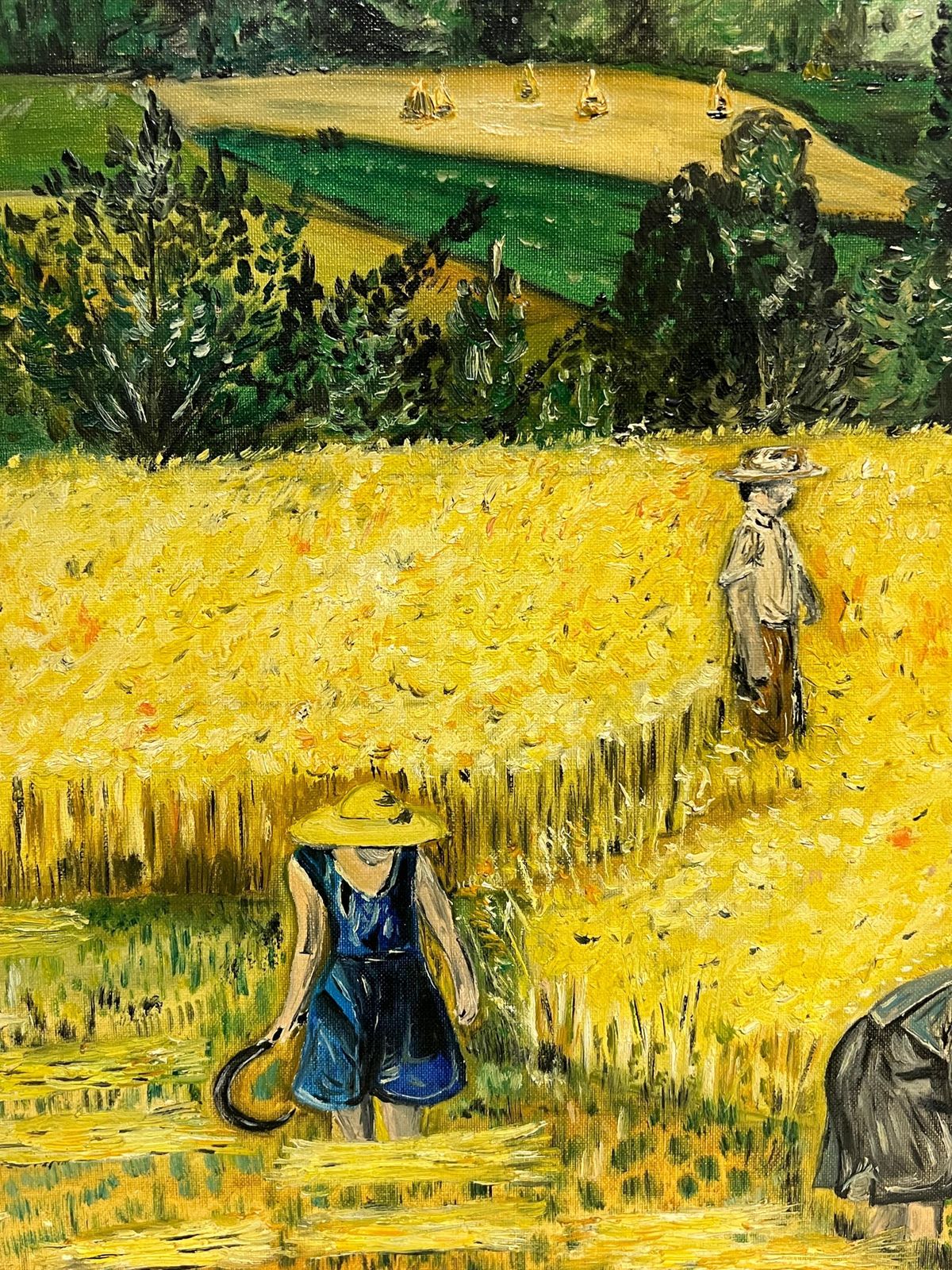French Post Impressionistlarge 1970's French Post Impressionist Signed Oil Figures In Wheat Field Harvest1977 photo 1399.0