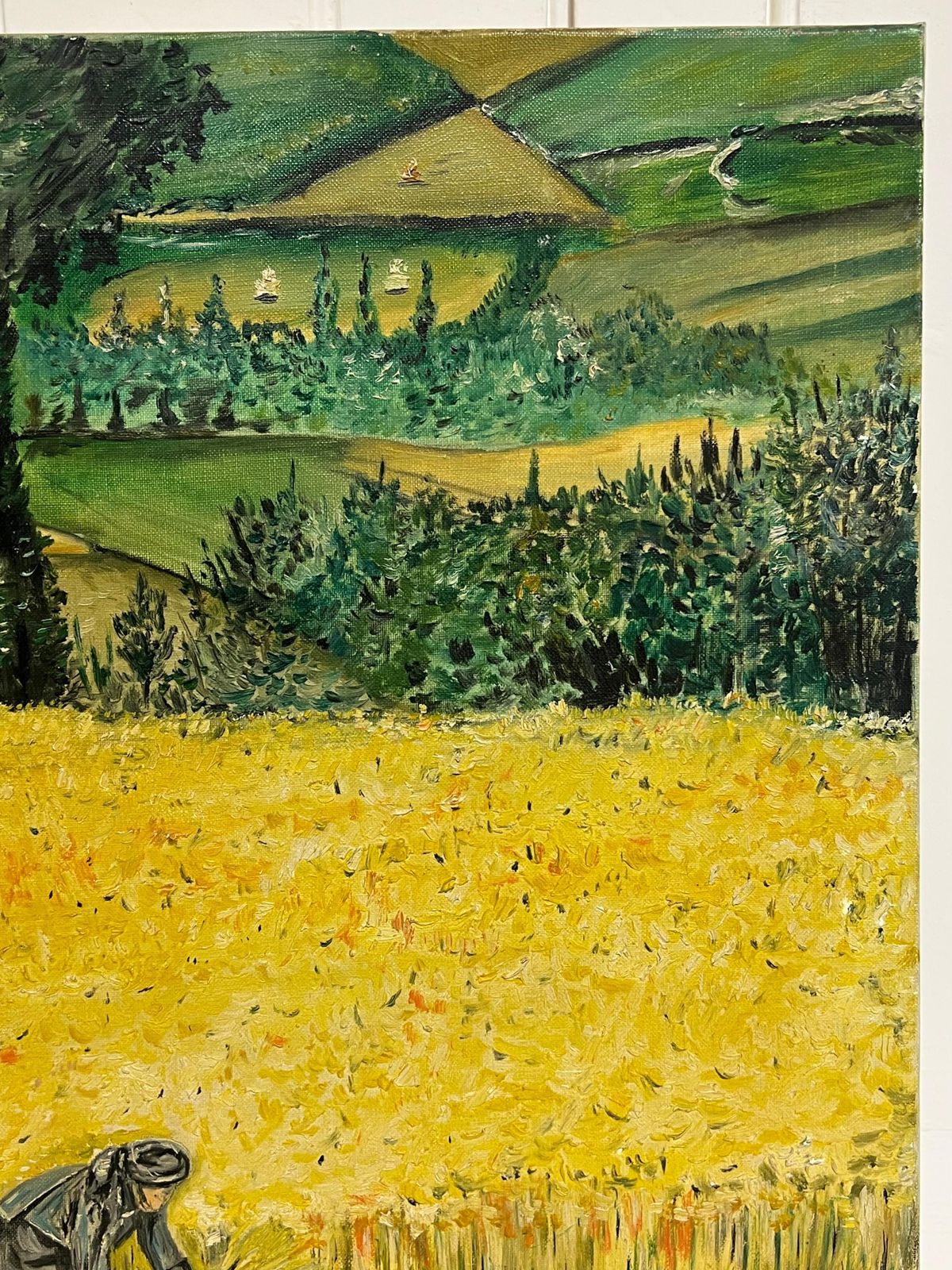 French Post Impressionistlarge 1970's French Post Impressionist Signed Oil Figures In Wheat Field Harvest1977 photo vintage