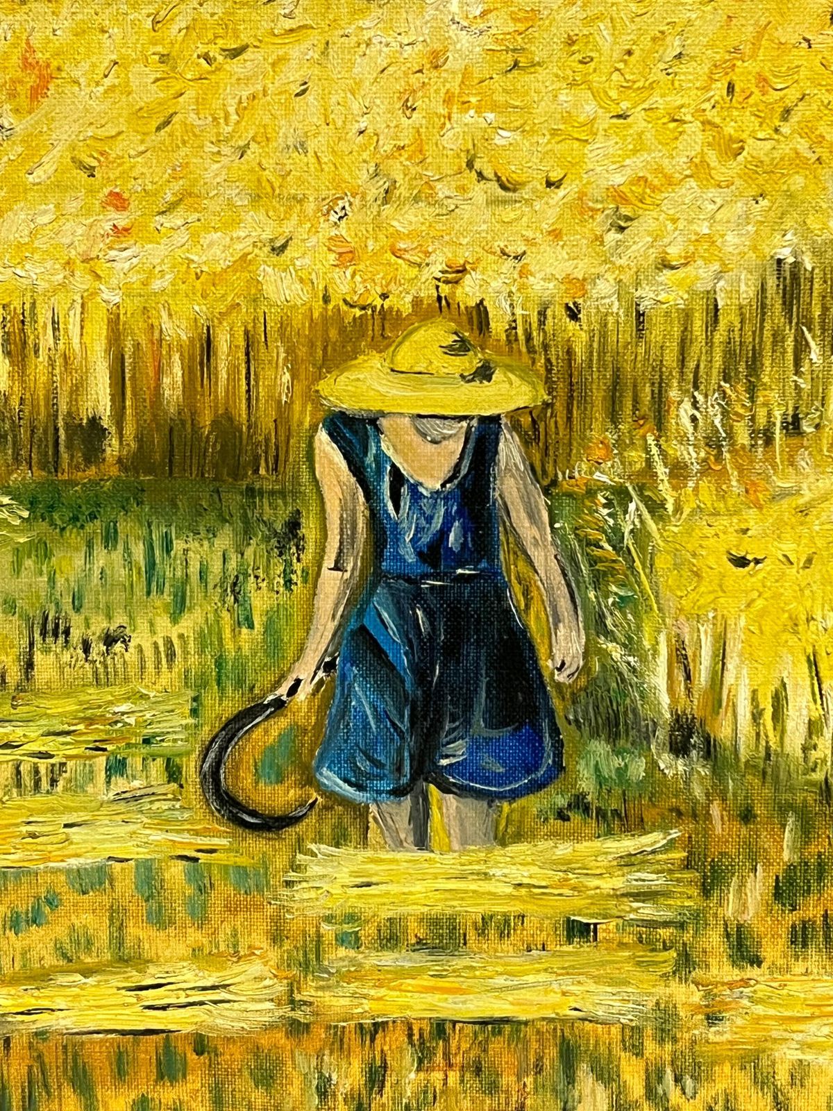 Art French Post Impressionistlarge 1970's French Post Impressionist Signed Oil Figures In Wheat Field Harvest1977 photo