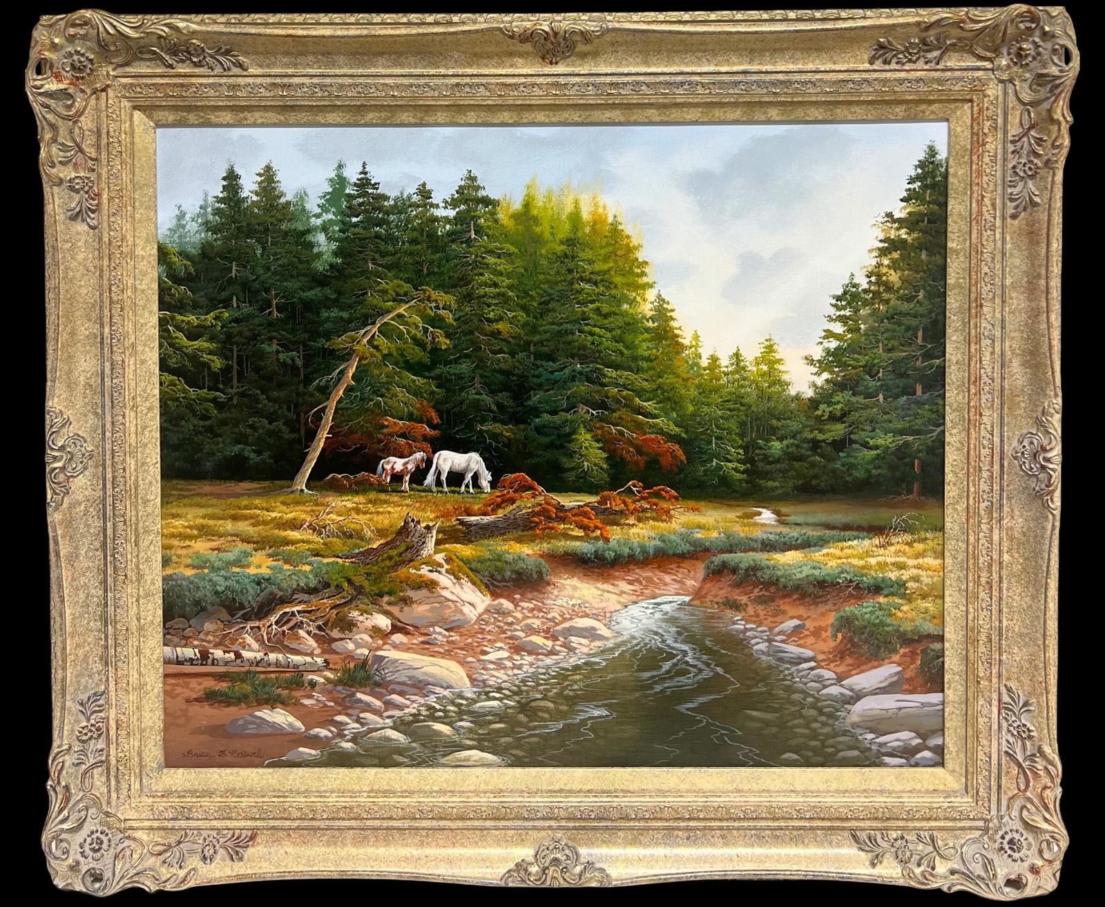 Brian Horswelllarge British Oil Painting Wild Horses In Dartmoor Forest Landscape, Signed1953