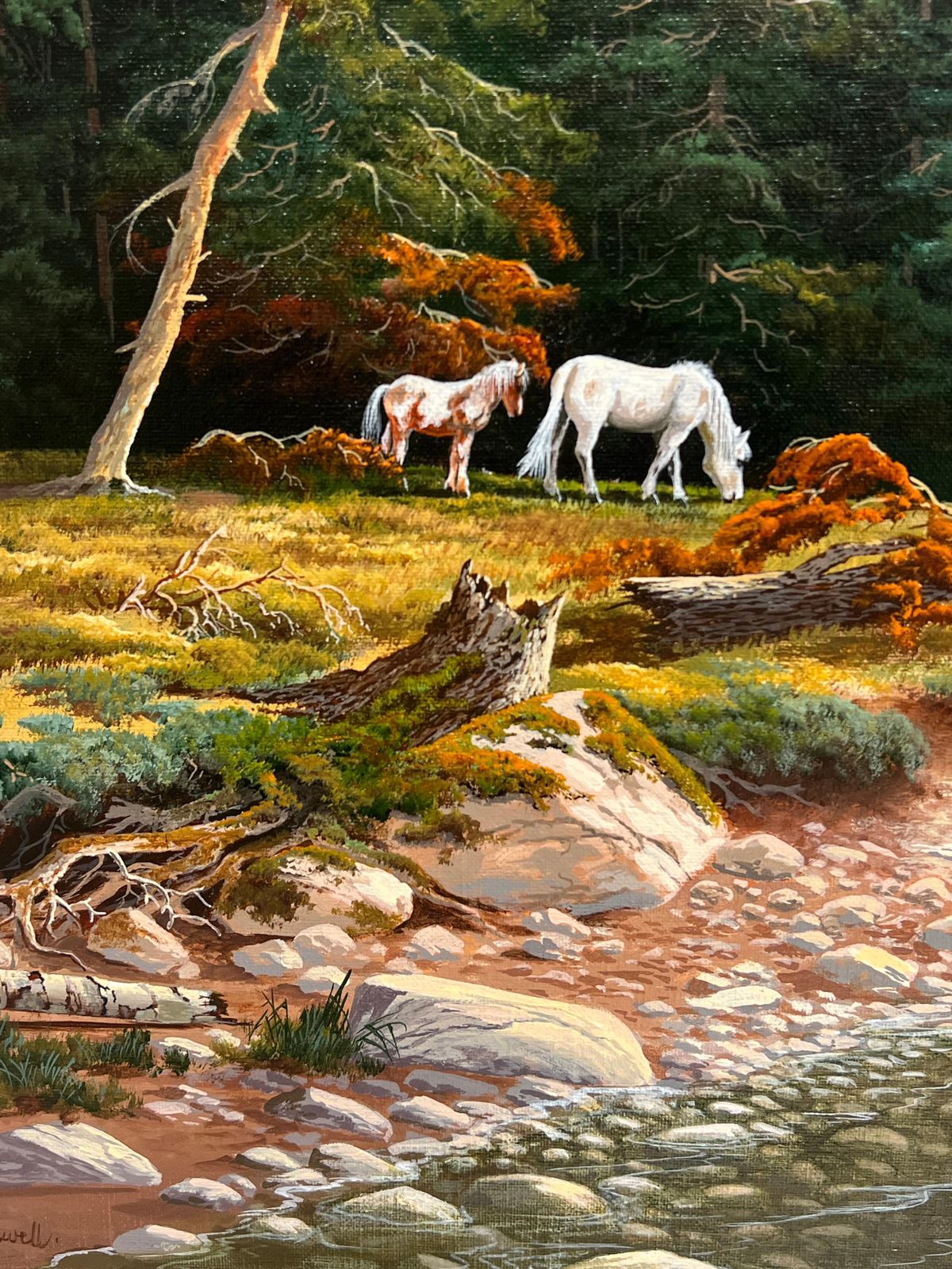 Brian Horswelllarge British Oil Painting Wild Horses In Dartmoor Forest Landscape, Signed1953 photo buy