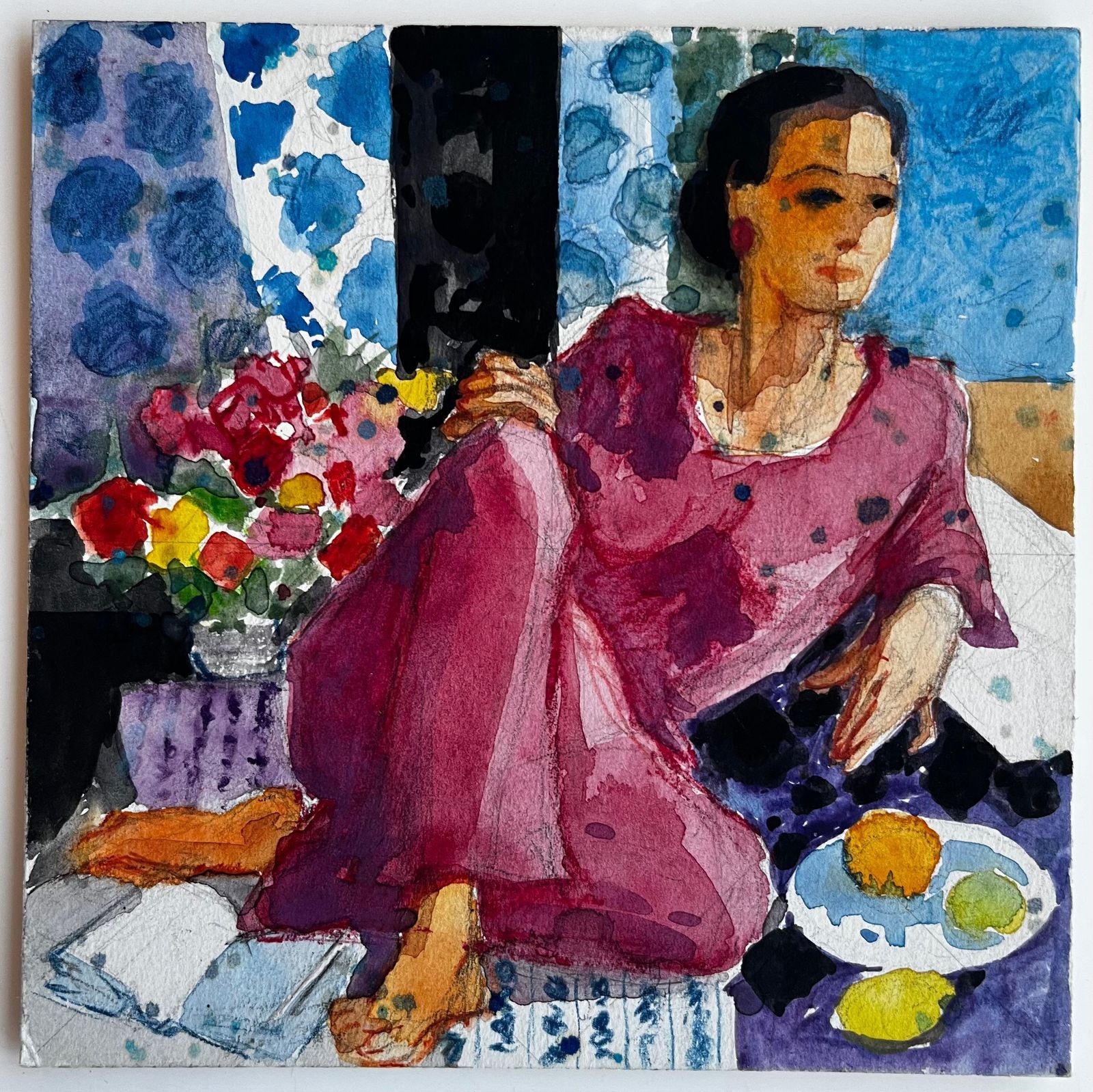 Pierre Neveuwoman In Pink Dress With Flowers And Citrus Still Life French Watercolor photo for sale
