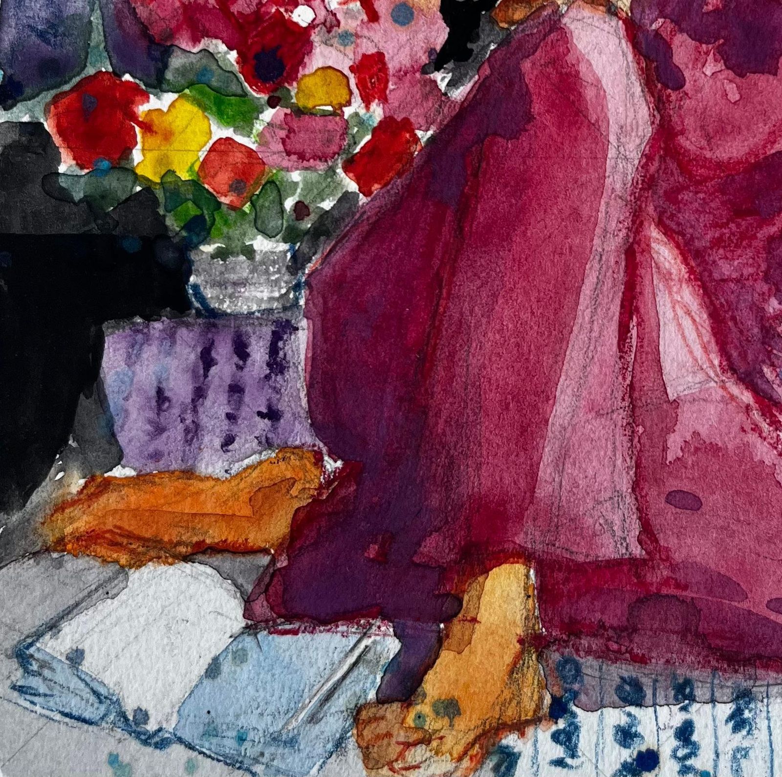 Pierre Neveuwoman In Pink Dress With Flowers And Citrus Still Life French Watercolor photo 427.0