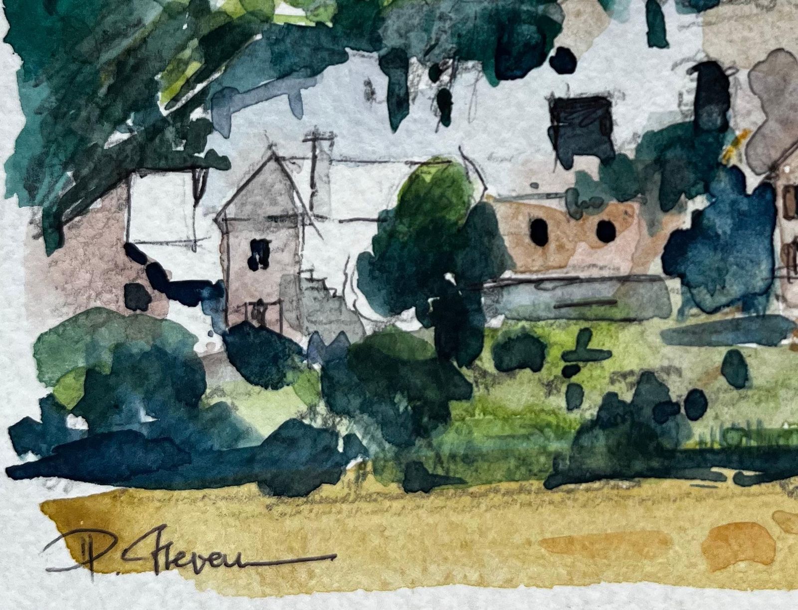 Pierre Neveufrench Hillside Village With Trees And Church Tower Modernist Watercolor photo for sale