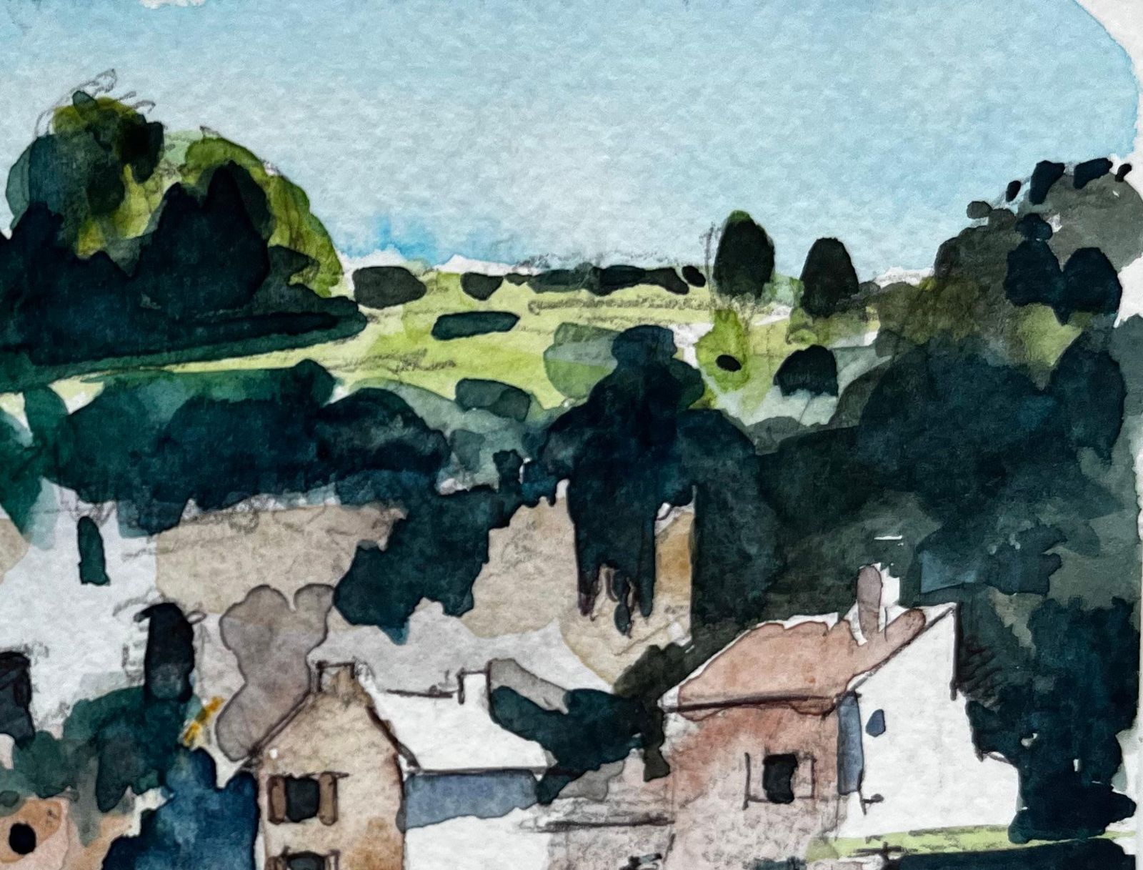 Pierre Neveufrench Hillside Village With Trees And Church Tower Modernist Watercolor photo vinterior