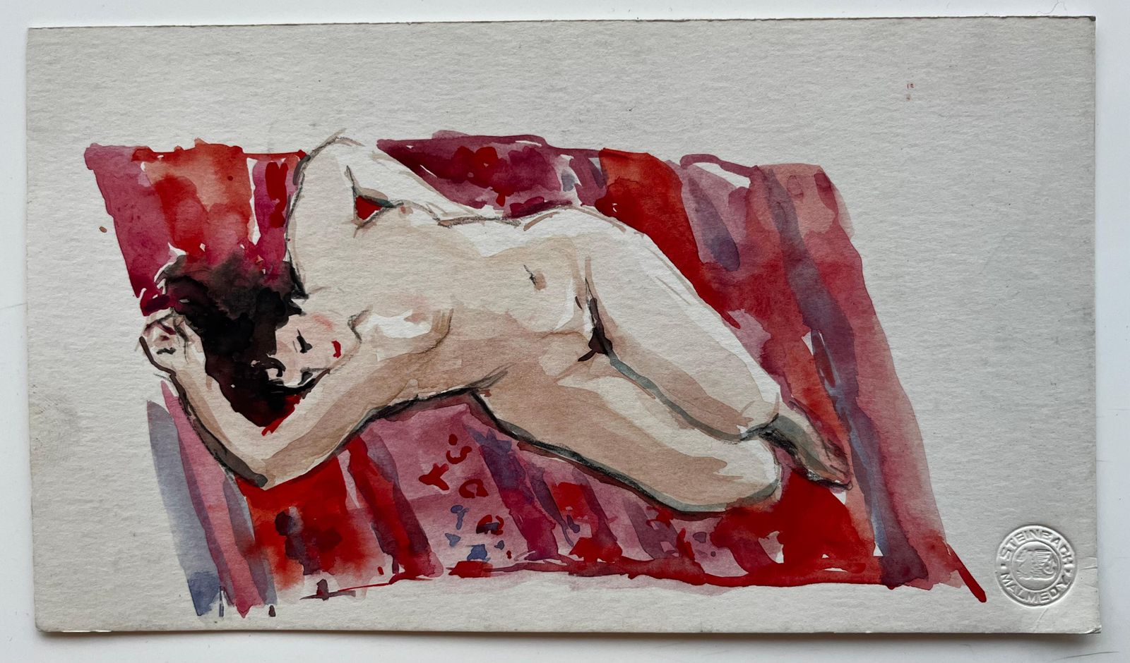 Pierre Neveureclining Female Nude On Red Drapery French Modernist Watercolor Study photo furniture