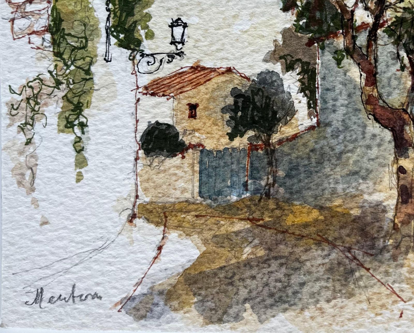 Pierre Neveumenton Sunlit Street With Trees And Distant Hills Watercolor photo for sale