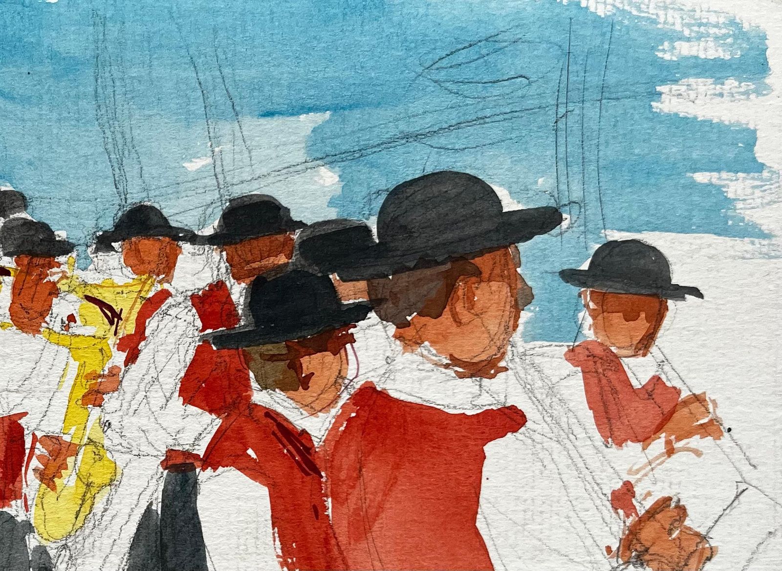 Pierre Neveufrench Village Brass Band Musicians In Red Waistcoats Outdoor Parade Watercolor photo 438.0