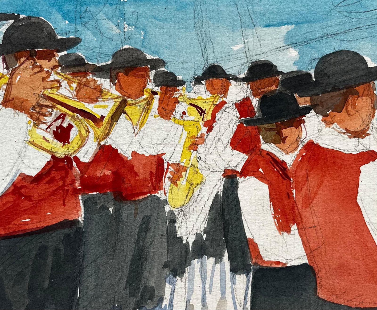 Pierre Neveufrench Village Brass Band Musicians In Red Waistcoats Outdoor Parade Watercolor photo buy