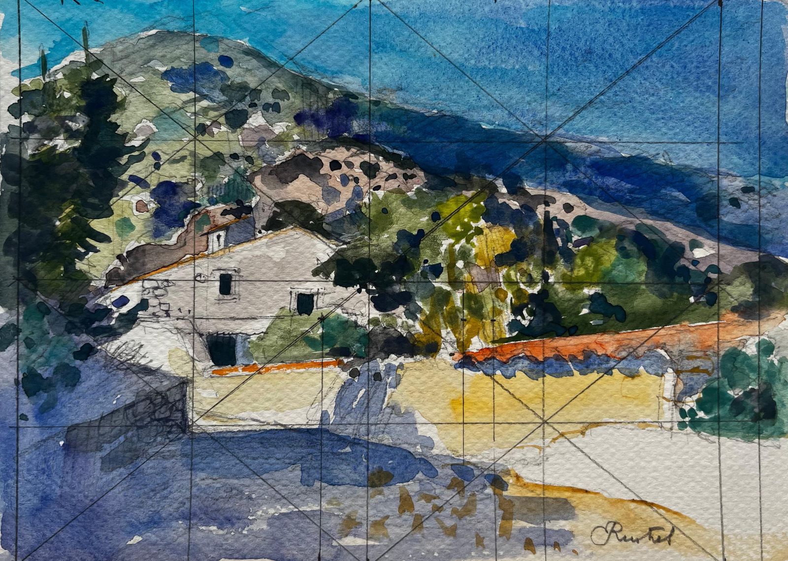Pierre Neveurevestel Provence Mountain Landscape With Stone Houses French Watercolor