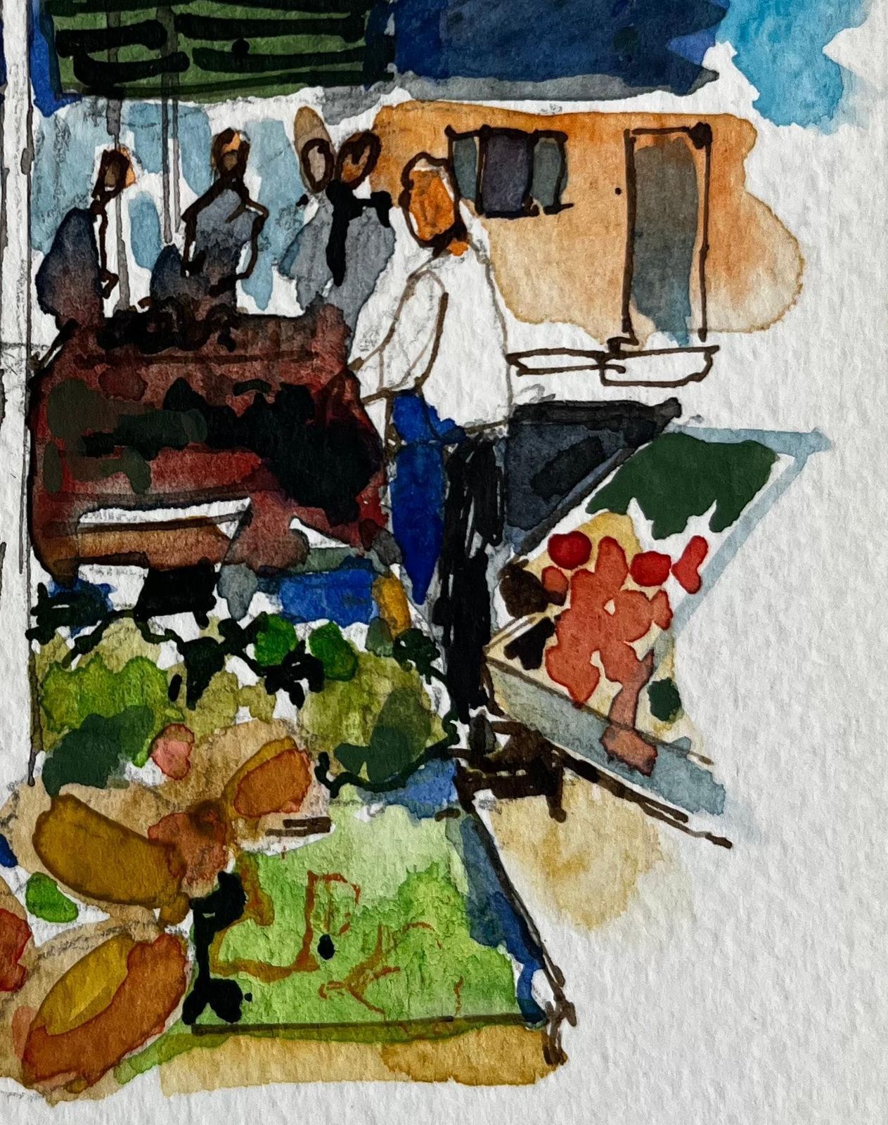 Pierre Neveuprovence Market Scene With Colourful Umbrellas And Figures French Watercolor photo 382.0