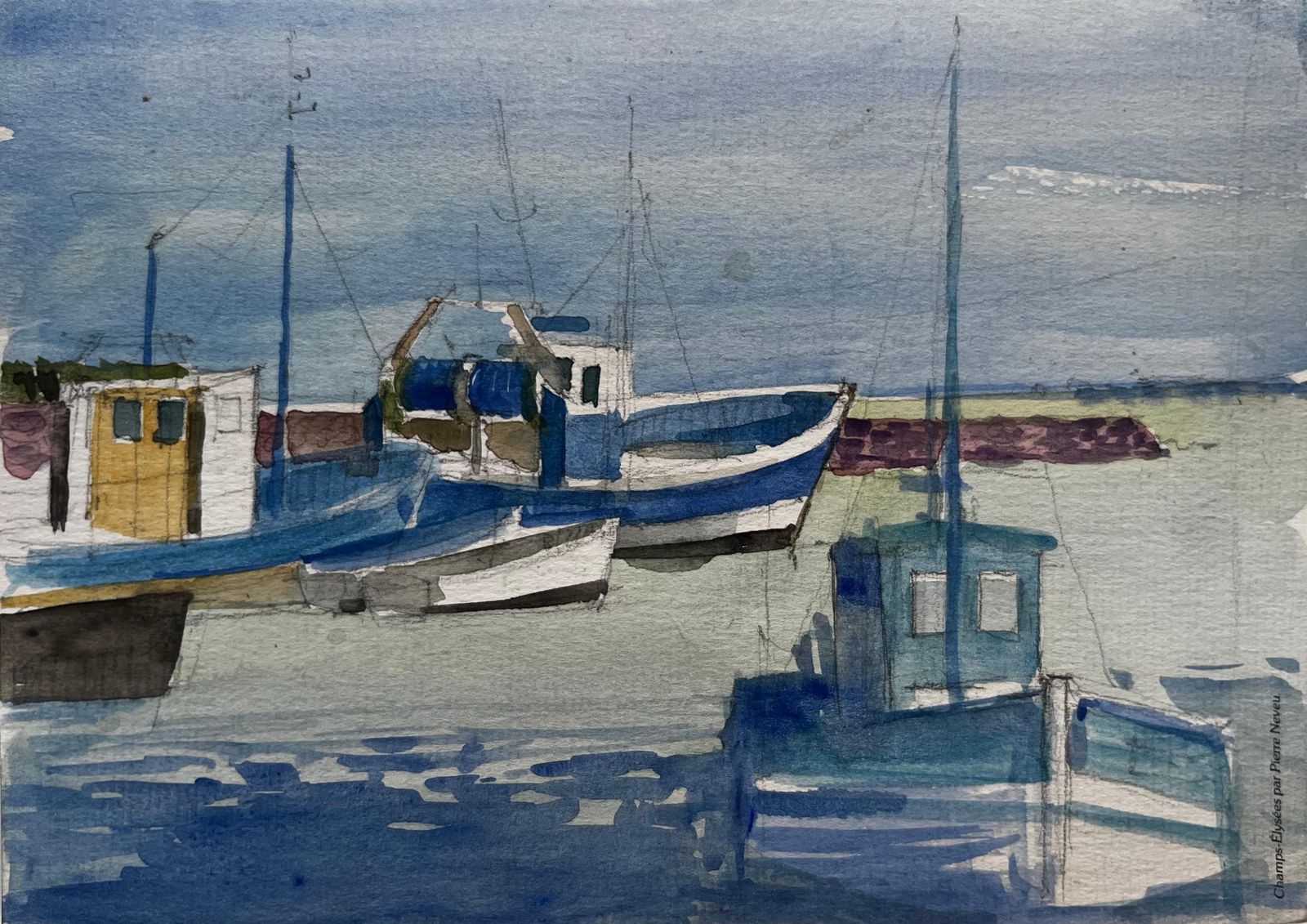 Pierre Neveufishing Boats Moored In Quiet Harbour French Coastal Watercolor