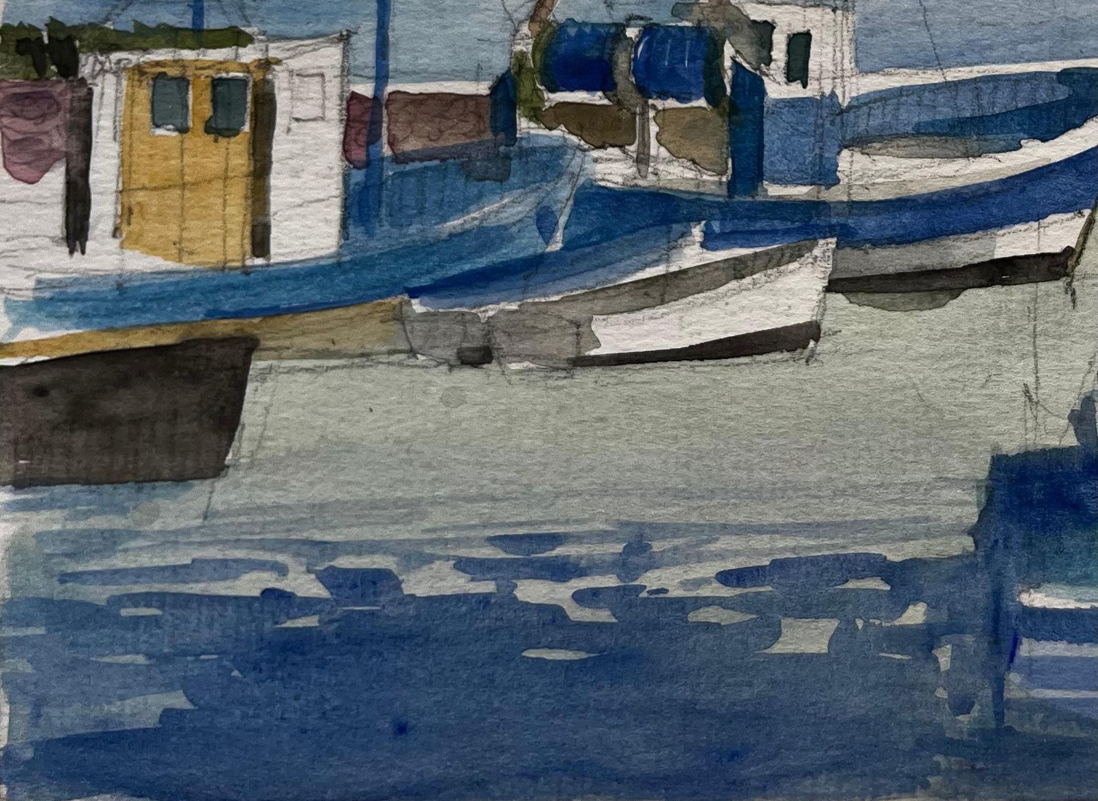 Pierre Neveufishing Boats Moored In Quiet Harbour French Coastal Watercolor photo Art