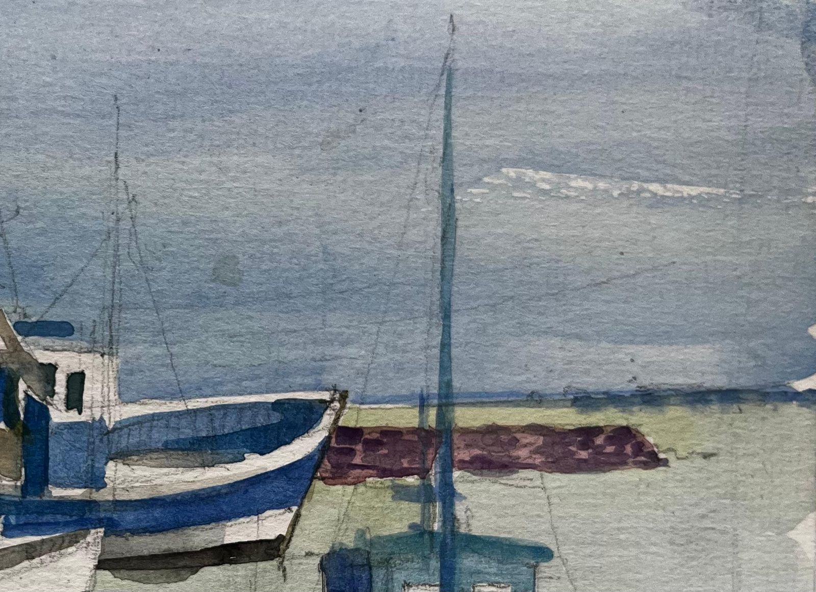 Pierre Neveufishing Boats Moored In Quiet Harbour French Coastal Watercolor photo vintage
