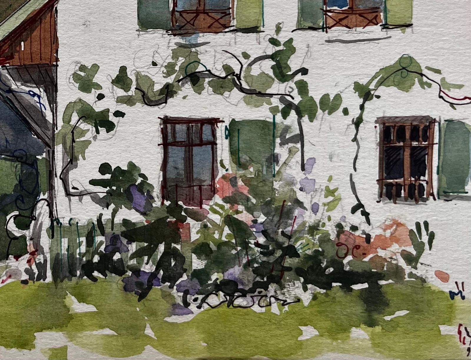 Pierre Neveucountry House Green Shutters Garden Flowers Trees And Lawn Watercolor photo for sale