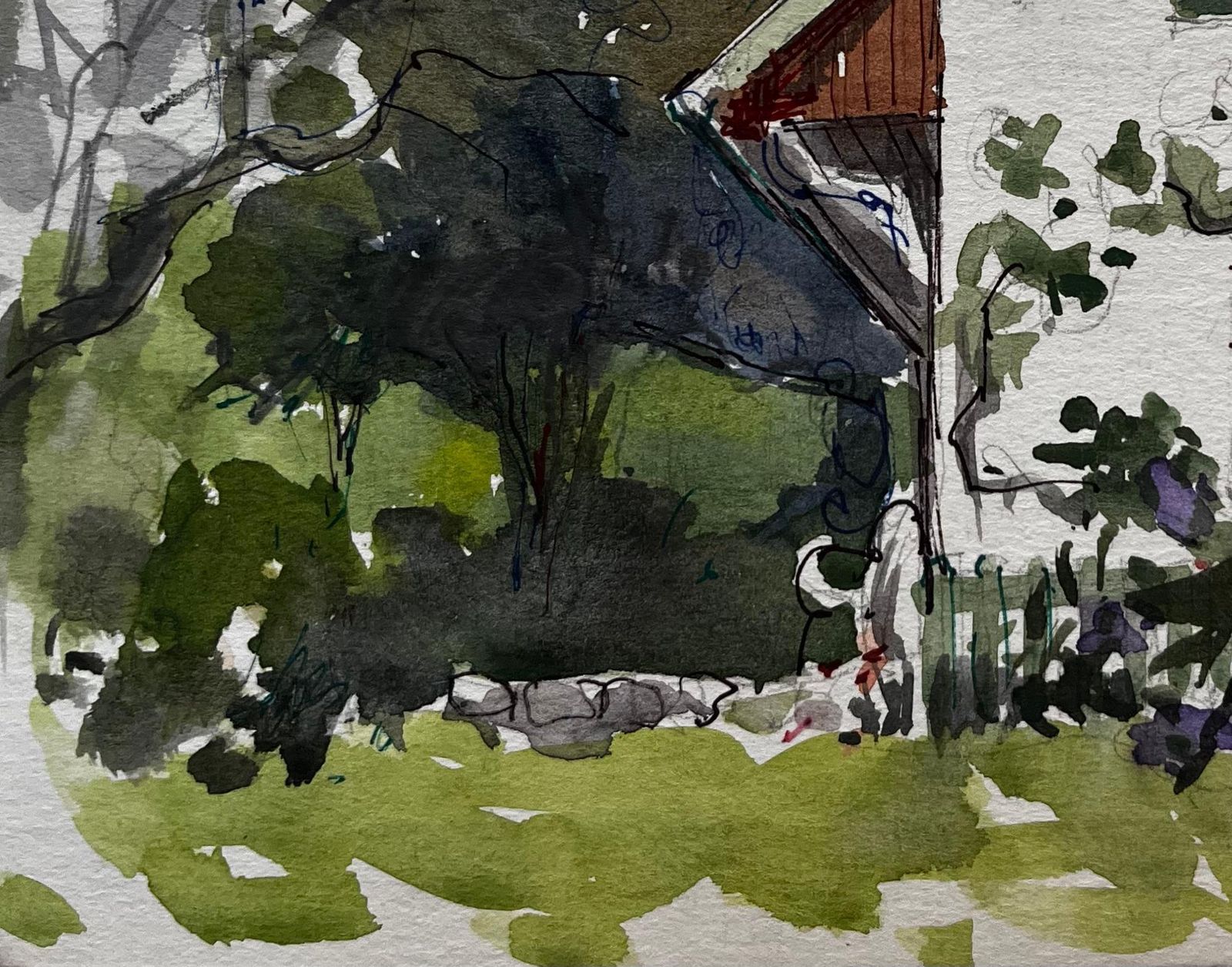 Pierre Neveucountry House Green Shutters Garden Flowers Trees And Lawn Watercolor photo 586.0