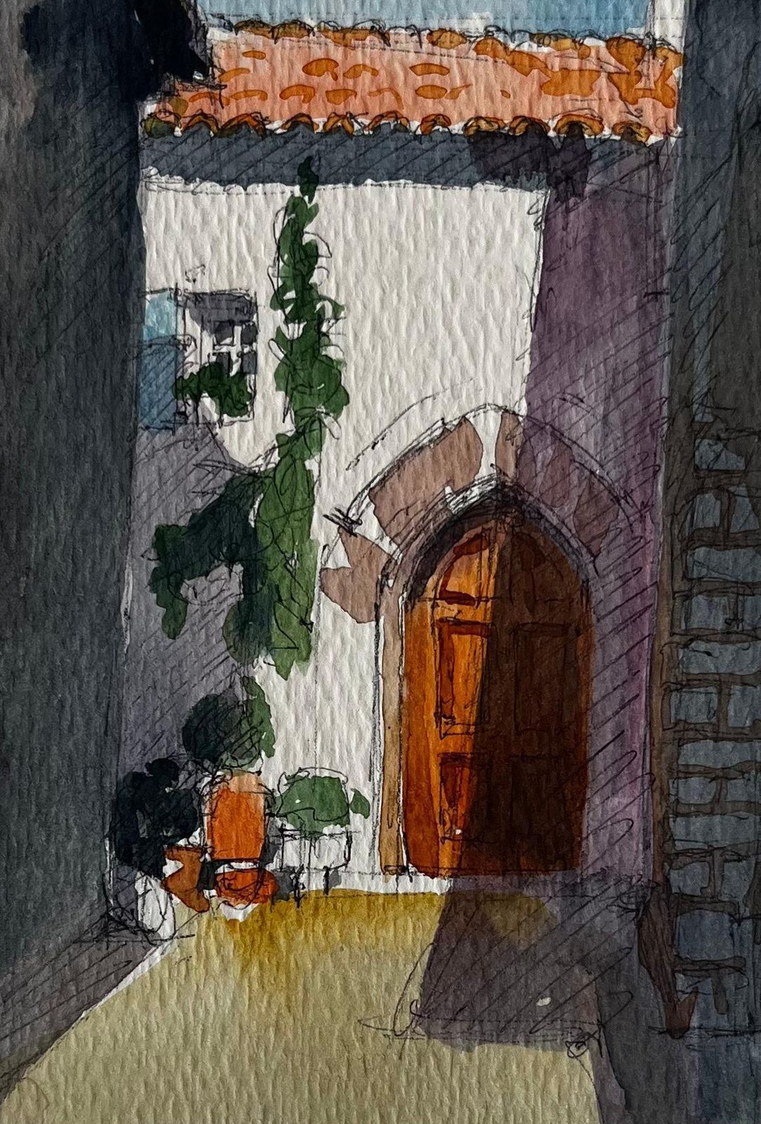 Pierre Neveufrench Village Archway Sunlit Courtyard Wooden Door And Stone Walls Watercolor photo buy