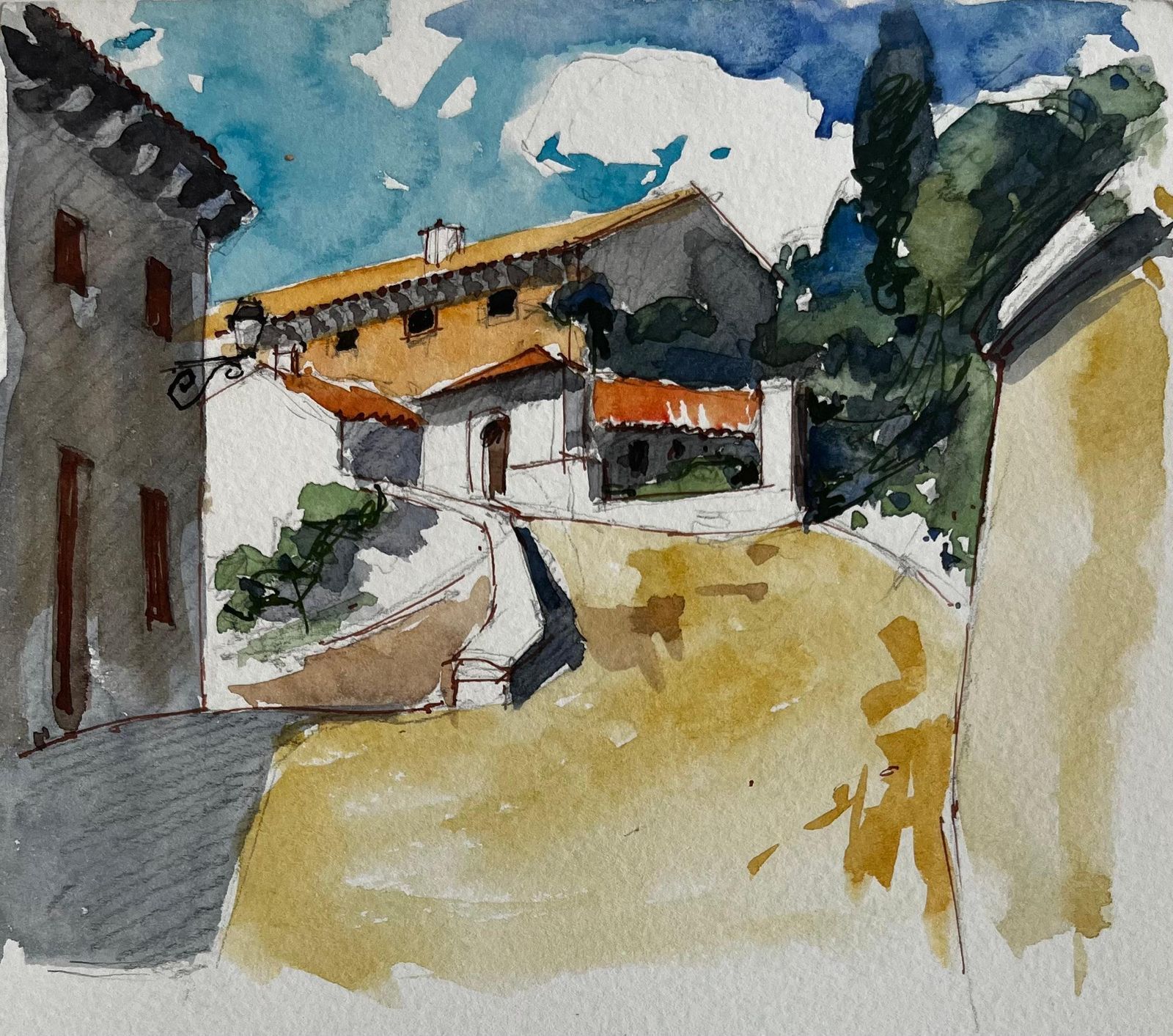 Pierre Neveufrench Hilltop Village Path Sunlit Houses Terracotta Roofs And Blue Sky