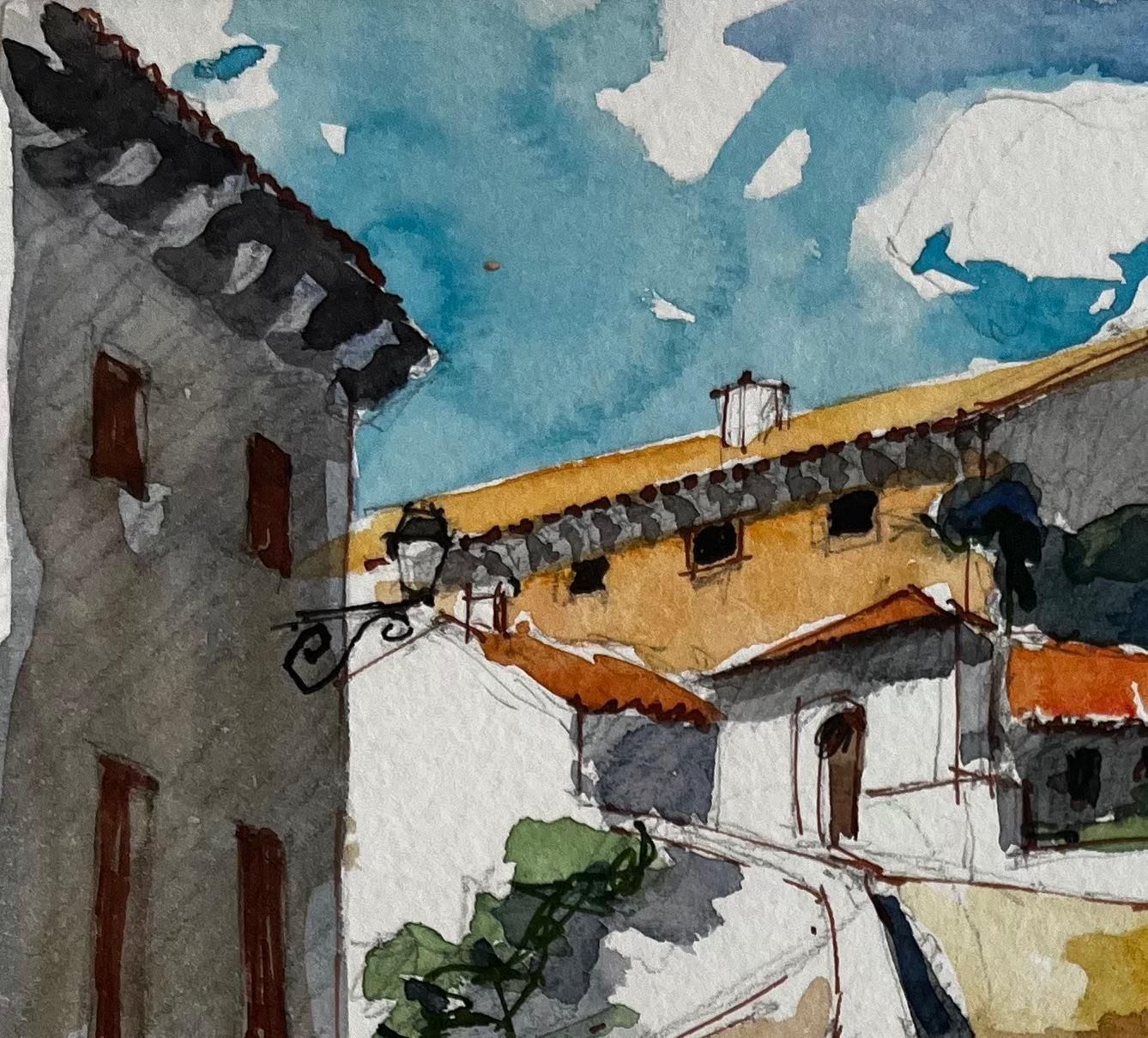 Pierre Neveufrench Hilltop Village Path Sunlit Houses Terracotta Roofs And Blue Sky photo for sale