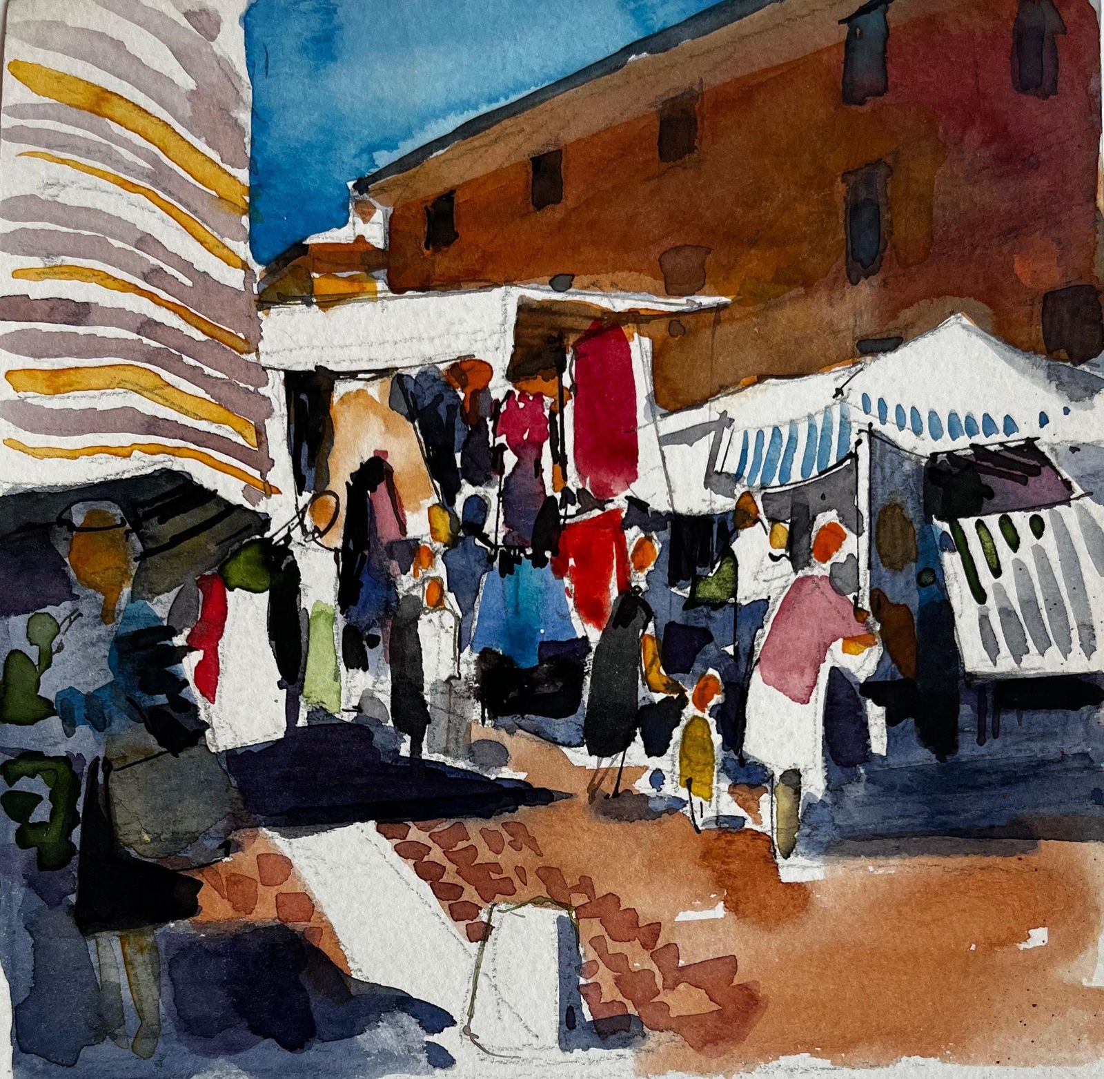 Pierre Neveufrench Street Market Scene Colourful Figures Stalls And Sunlit Architecture