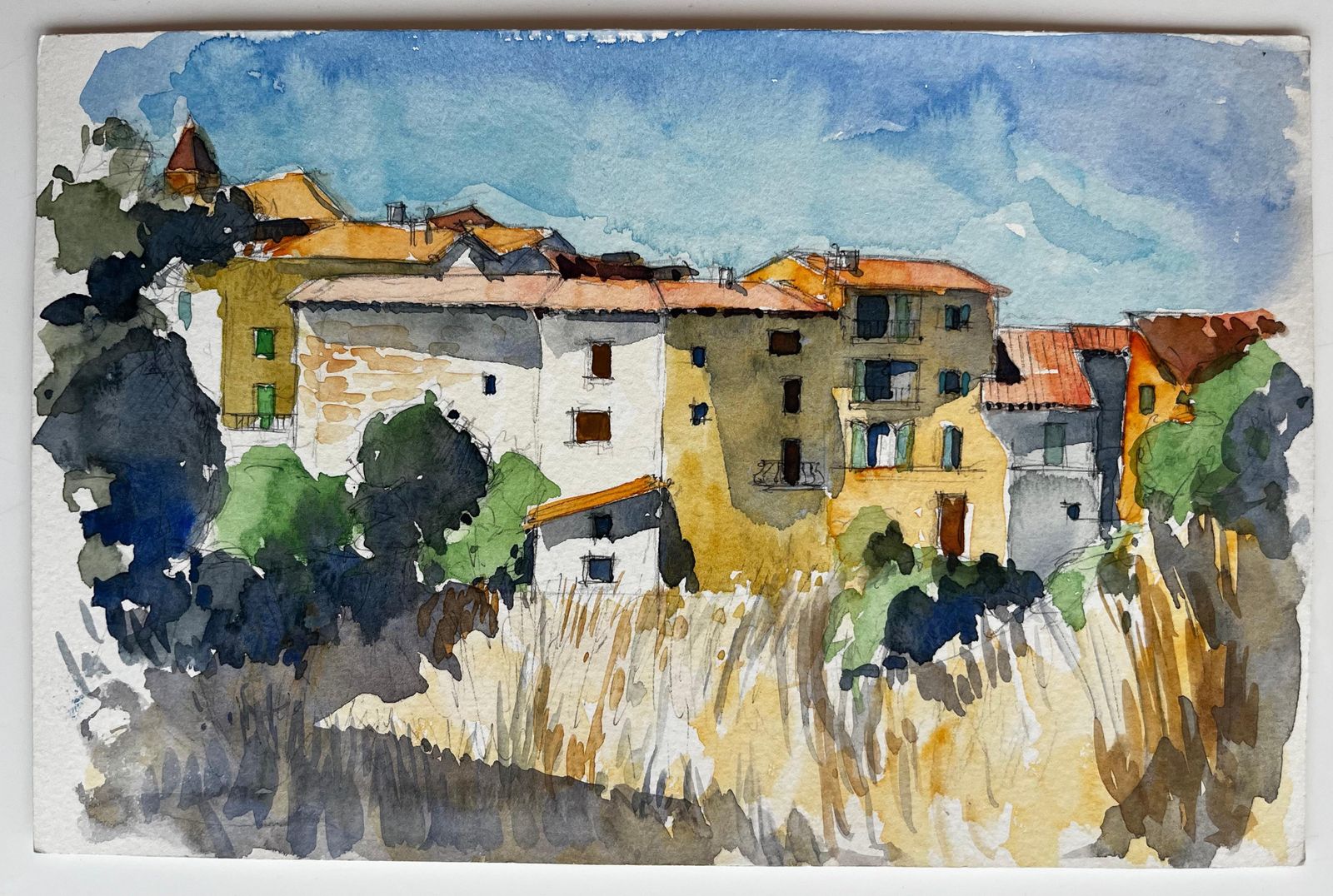 Pierre Neveumediterranean Hilltop Village Houses Trees And Summer Sky Watercolor photo furniture
