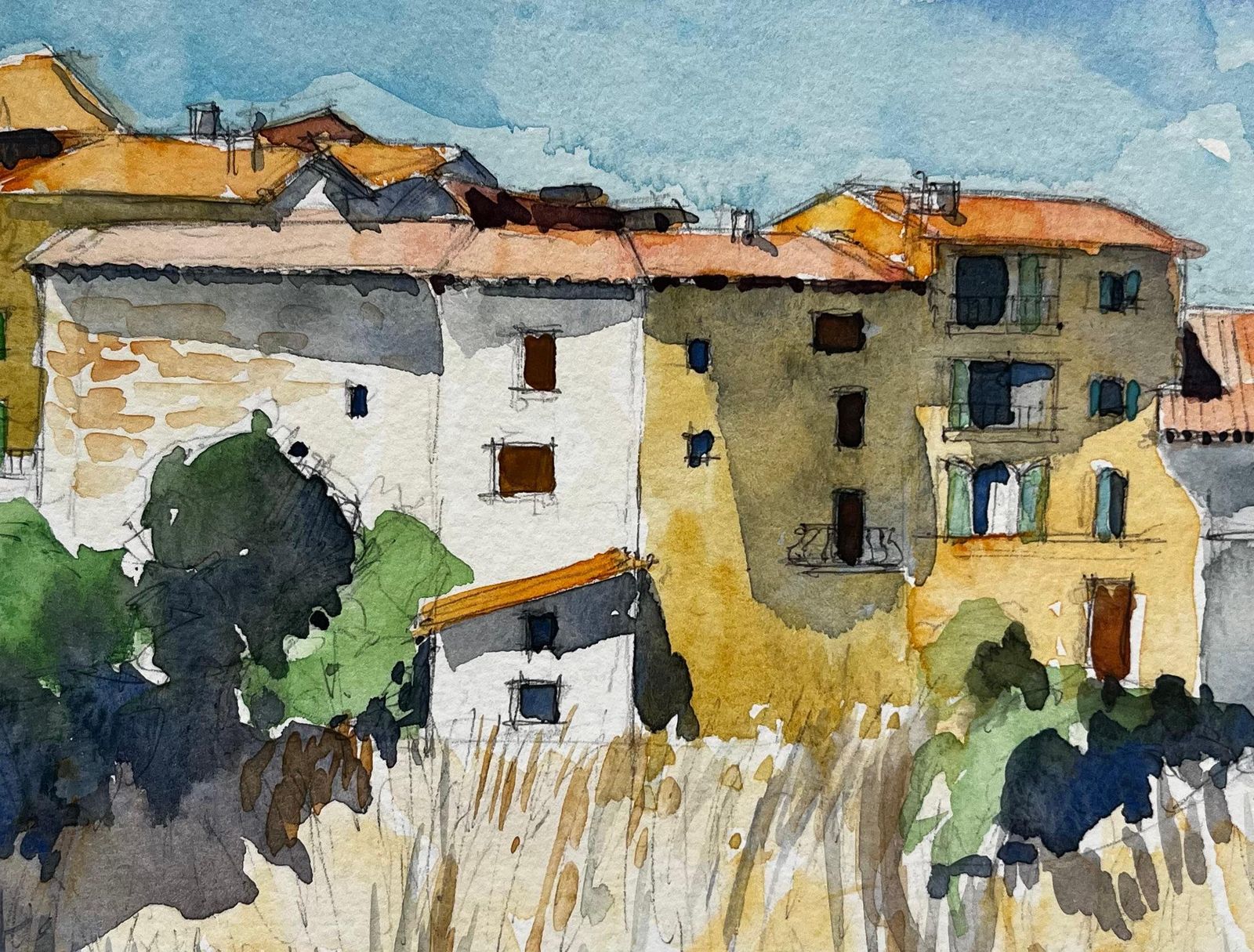 Pierre Neveumediterranean Hilltop Village Houses Trees And Summer Sky Watercolor photo buy