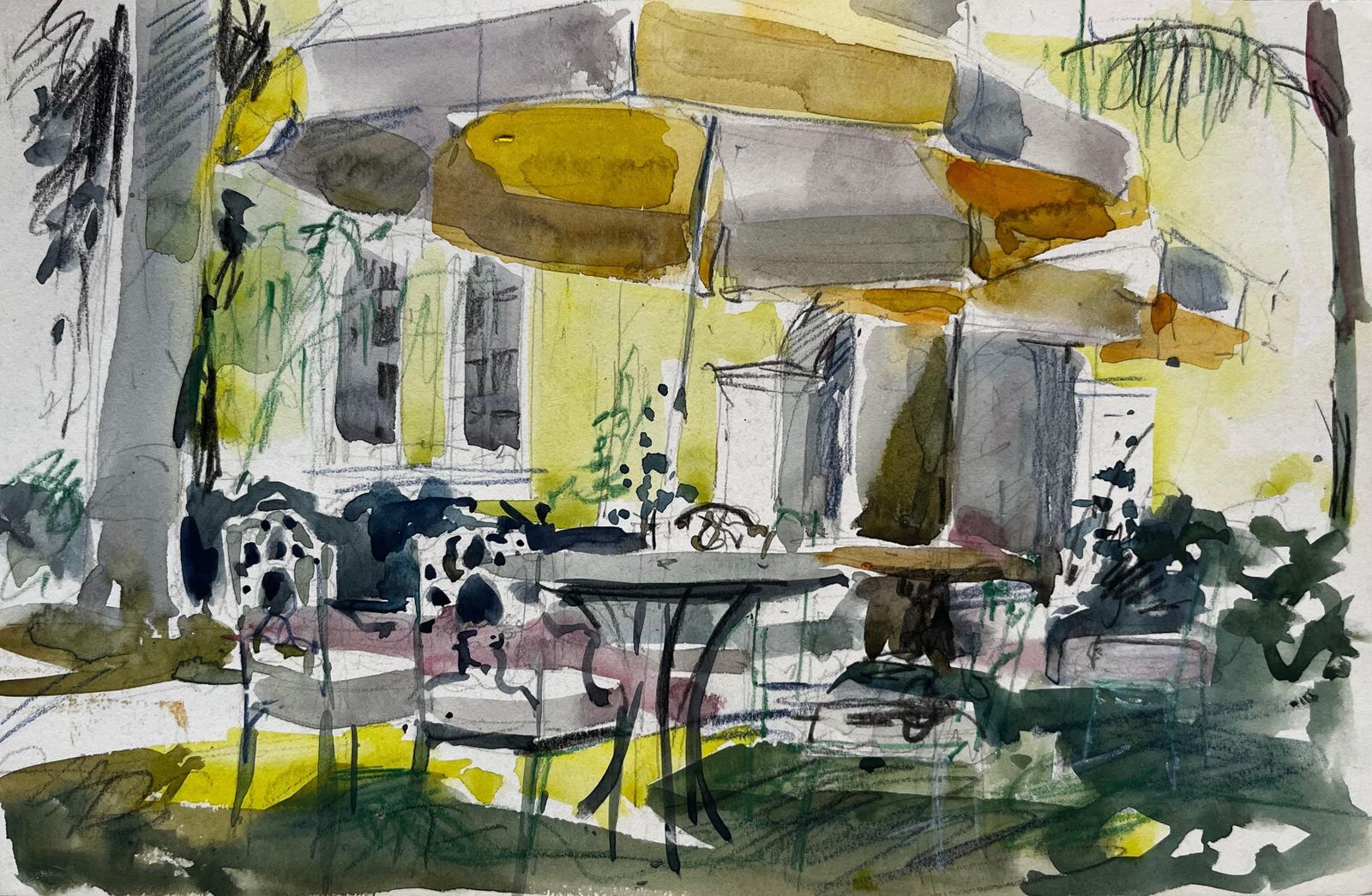 Pierre Neveufrench Garden Terrace Yellow House Sunlit Umbrellas Table And Chairs Watercolor