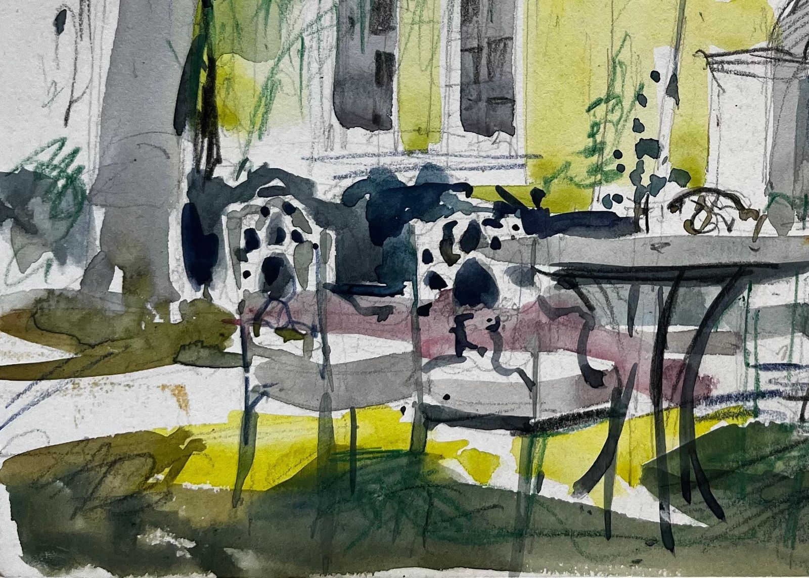 Pierre Neveufrench Garden Terrace Yellow House Sunlit Umbrellas Table And Chairs Watercolor photo vinterior