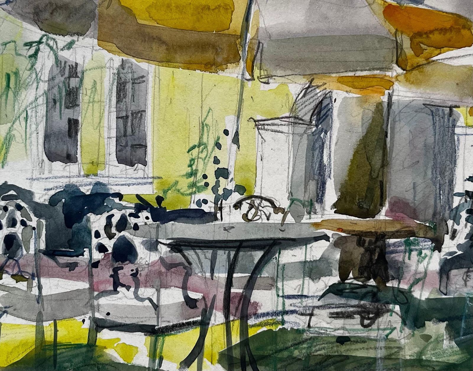 Pierre Neveufrench Garden Terrace Yellow House Sunlit Umbrellas Table And Chairs Watercolor photo buy