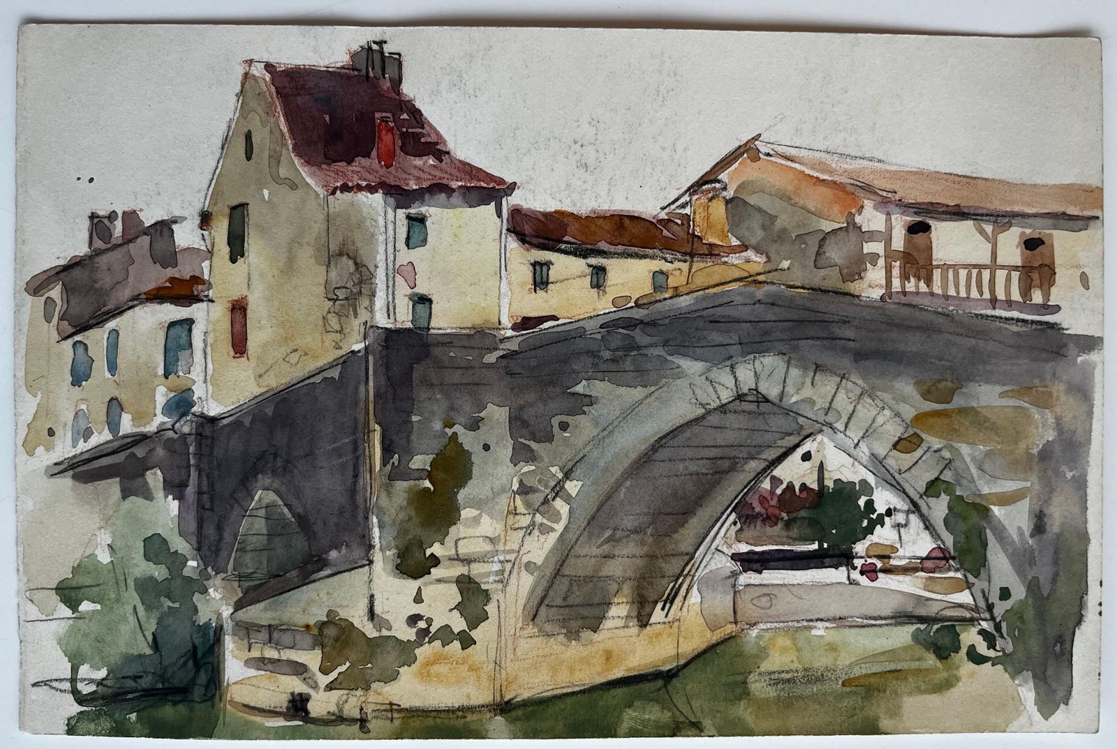 Pierre Neveufrench Stone Bridge Village Houses Riverside Scene Watercolor photo furniture