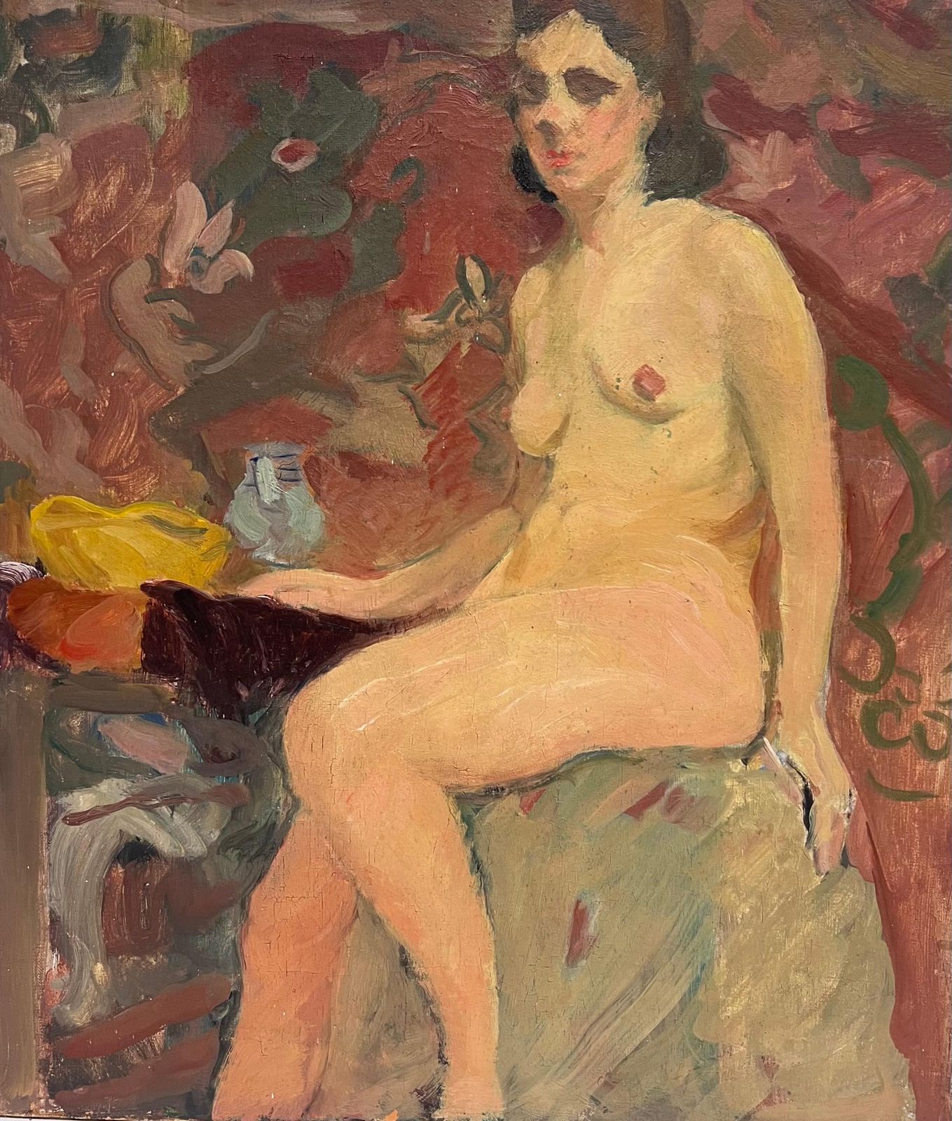 Suzanne Dinkes1930's French Post Impressionist Oil Painting Portrait Of Seated Nude Lady Model1930's
