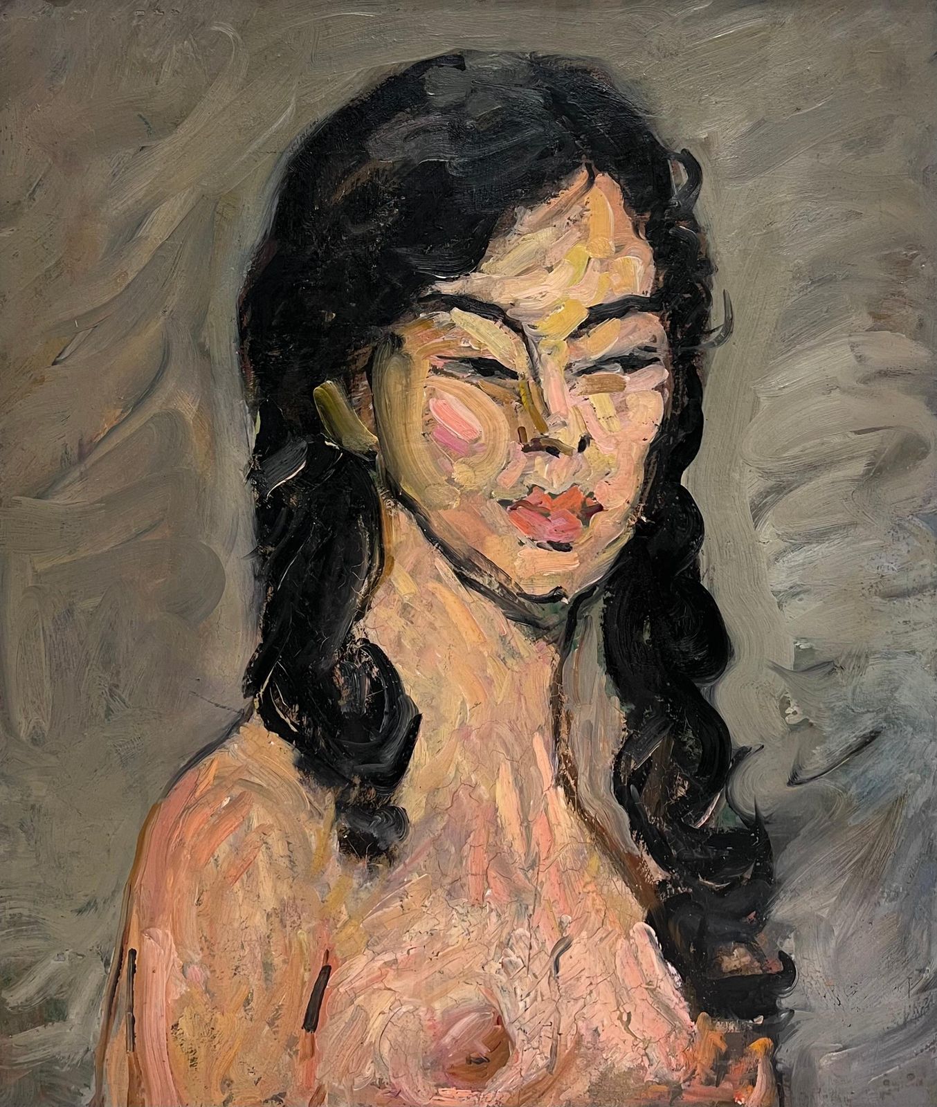 Suzanne Dinkes1930's French Post Impressionist Oil Painting Portrait Of Nude Woman Long Hair1930's