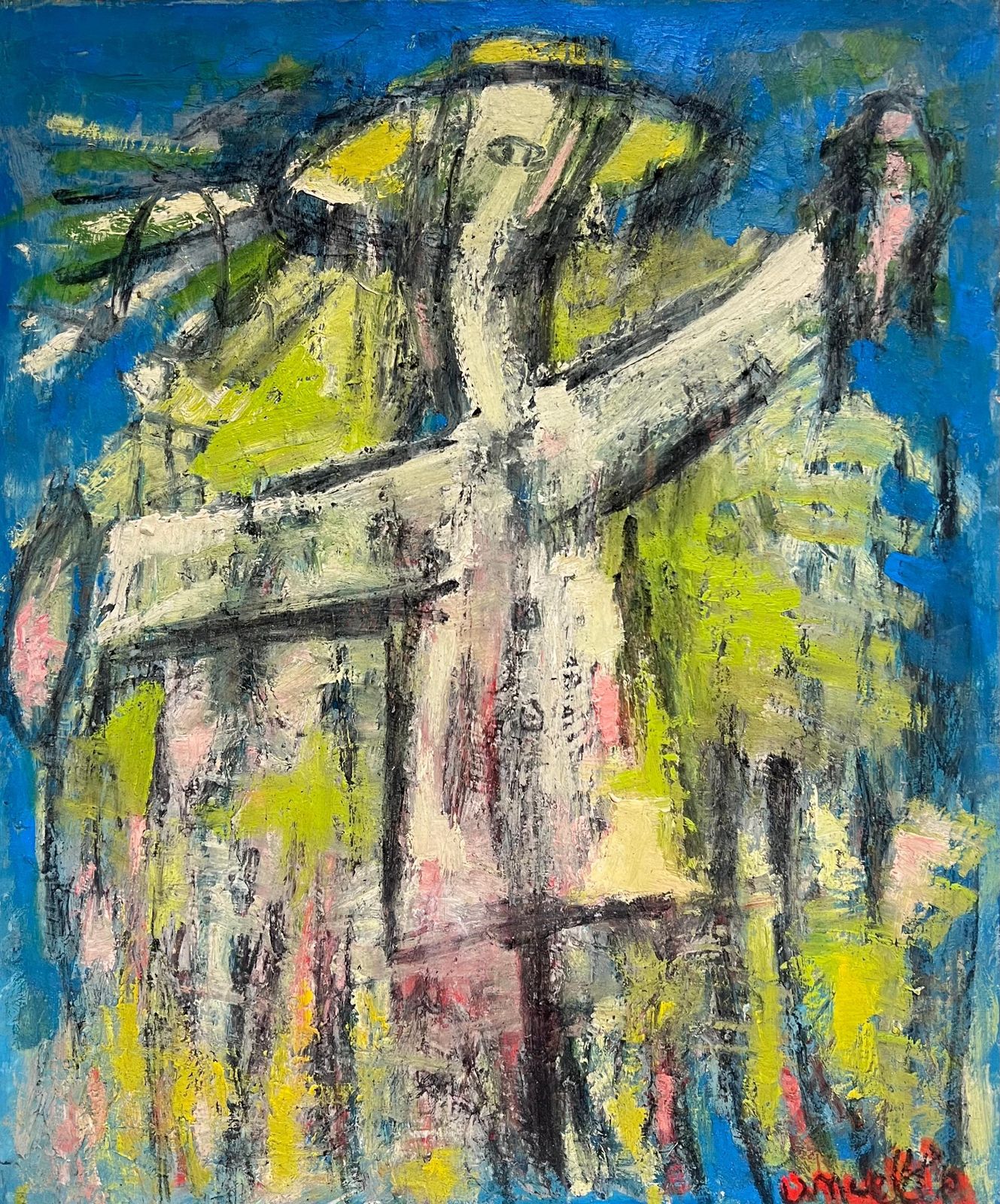 French School Large French Modernist Abstract Figurative Signed Oil Painting 19911991