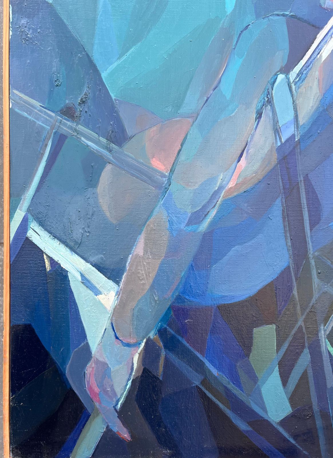 Art Jacqueline Verdet (1931 2023)huge French Contemporary Modernist Abstract Oil Painting Blue Girl In Deckchair photo