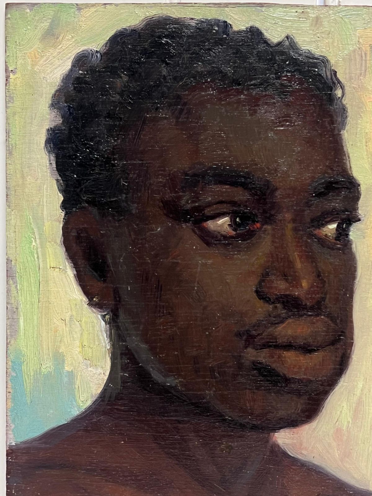 French School Fine 1950's French Signed Oil Painting Head & Shoulders Portrait Nude Man photo furniture