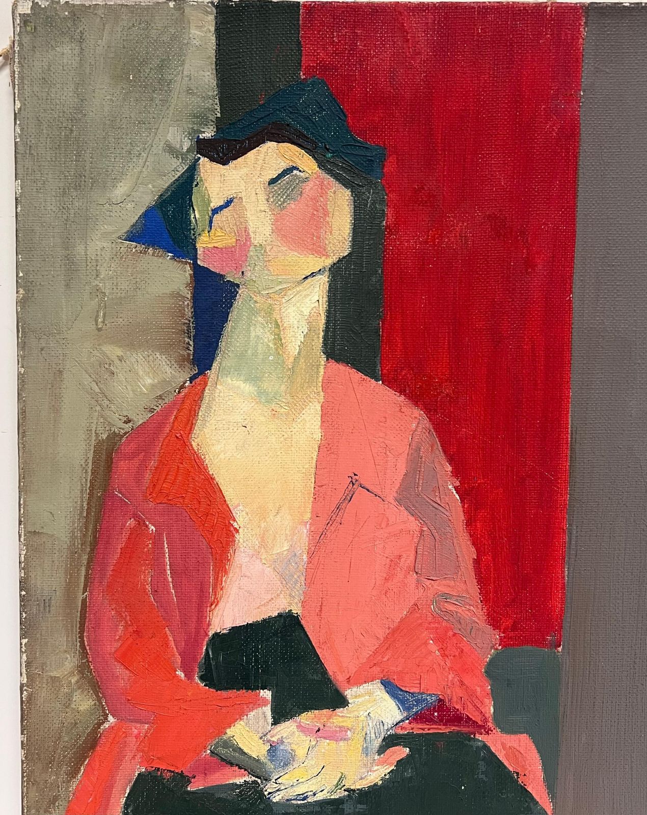 Laure Noetzin Azam (French 1929 2024)fine Mid 20th Century French Cubist Oil Painting Portrait Of Angular Seated Lady photo for sale
