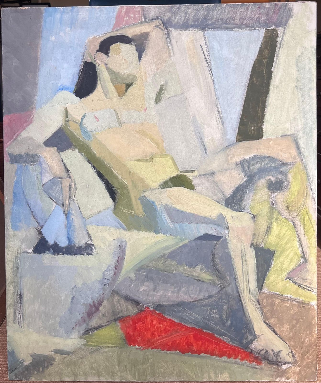 Laure Noetzin Azam (French 1929 2024)mid 20th Century French Modernist Cubist Oil Painting Female Nude Artists Model photo furniture
