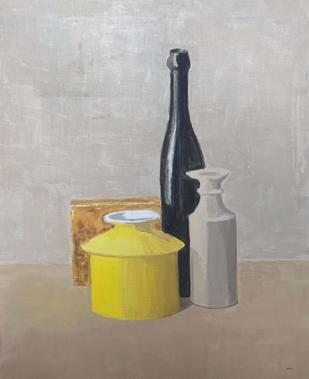 Laure Noetzin Azam (French 1929 2024)20th Century French Modernist Oil Painting Wine Bottle Yellow Vase Still Life